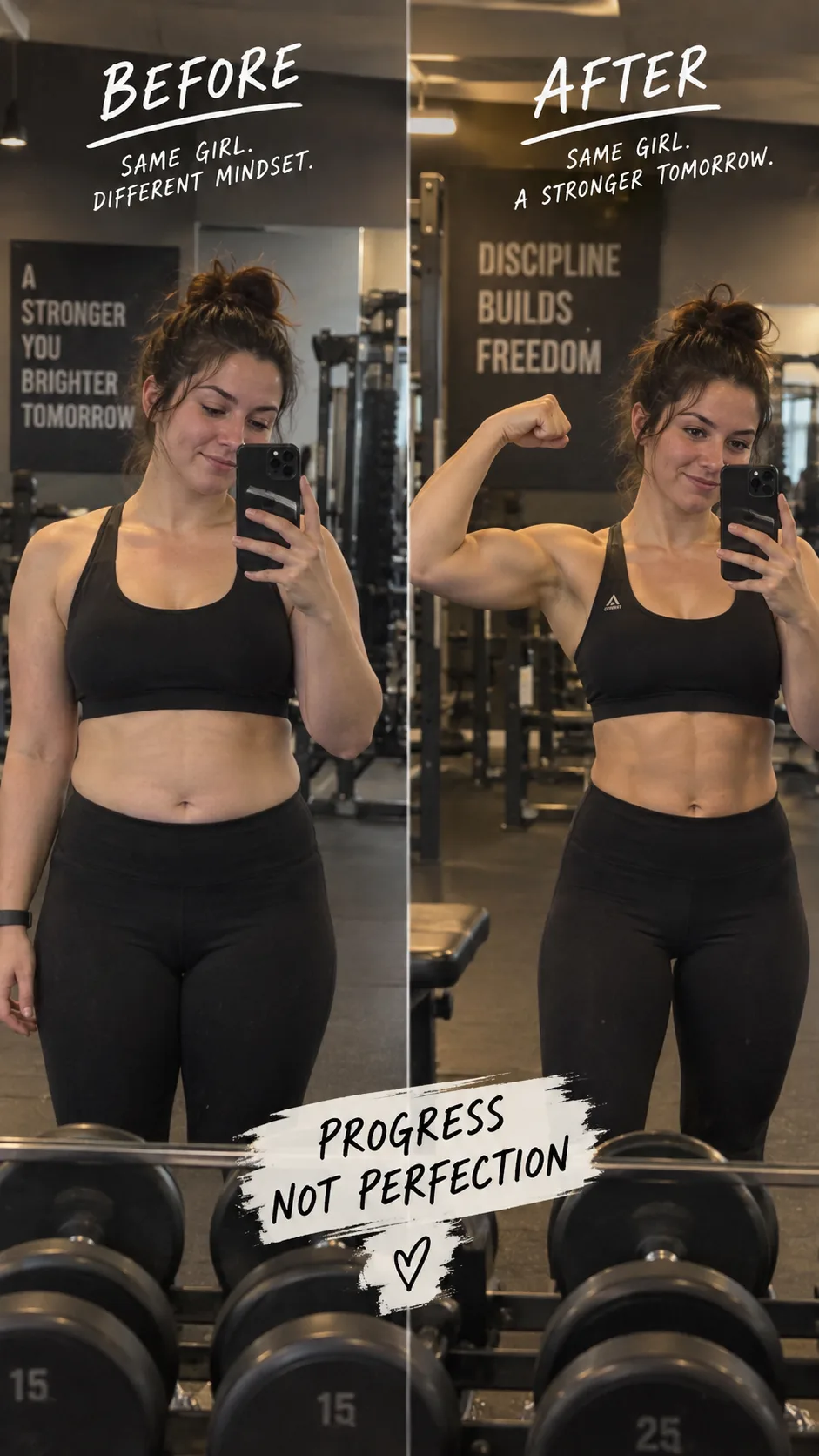 A before and after style split image showing fitness progress, person flexing in a gym mirror, natural realistic body transformation, warm gym lighting, motivational fitness photography