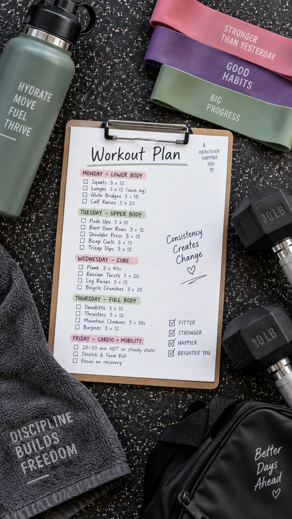 Overhead view of a workout plan written on a clipboard next to a water bottle, resistance bands, and dumbbells on a gym floor, flat lay photography style