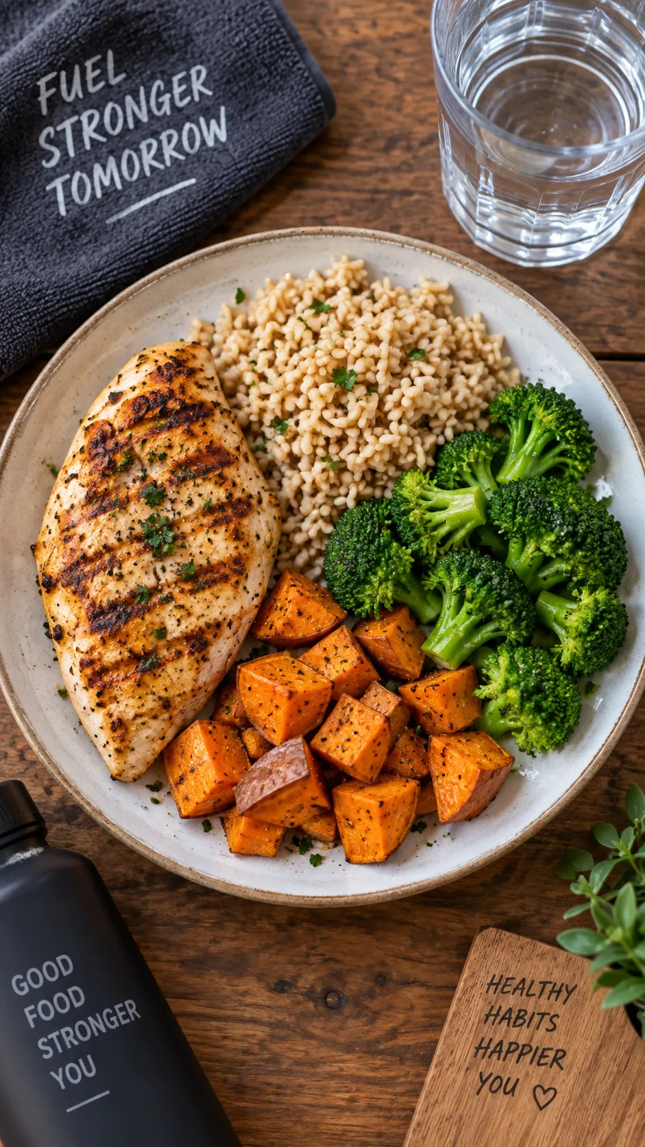 Healthy post-workout meal plate with grilled chicken breast, brown rice, steamed broccoli, and sweet potato, photographed from above on a wooden table with a glass of water