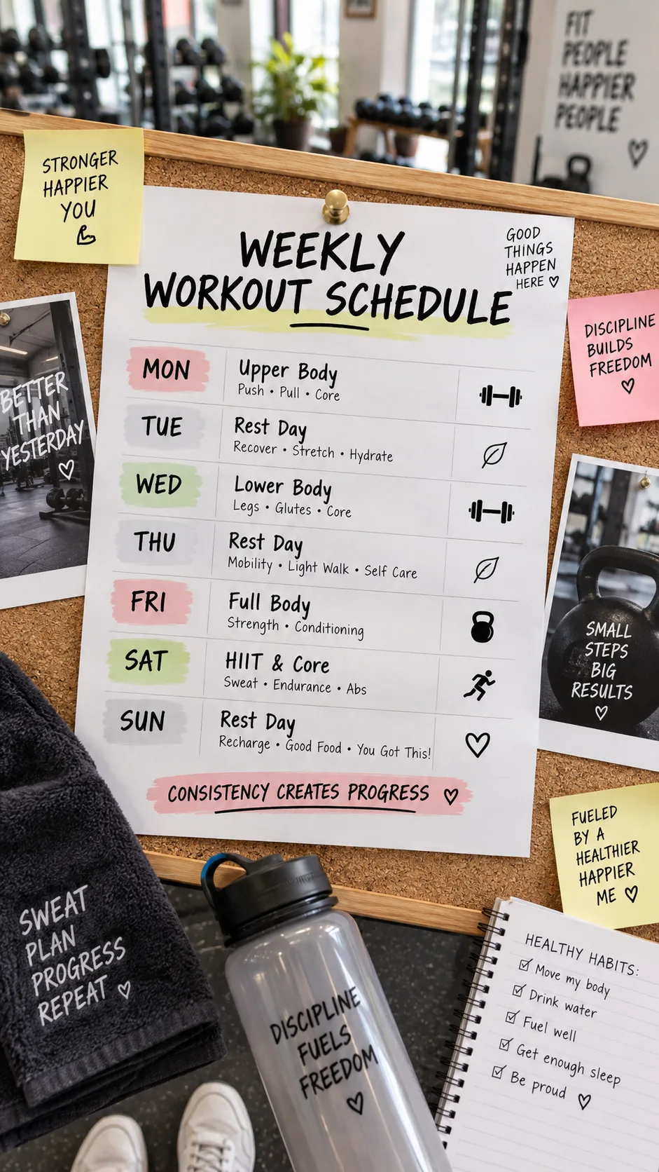 A clean weekly workout schedule pinned to a gym corkboard, showing four training days with rest days marked, bright gym environment in soft focus behind, overhead photography angle