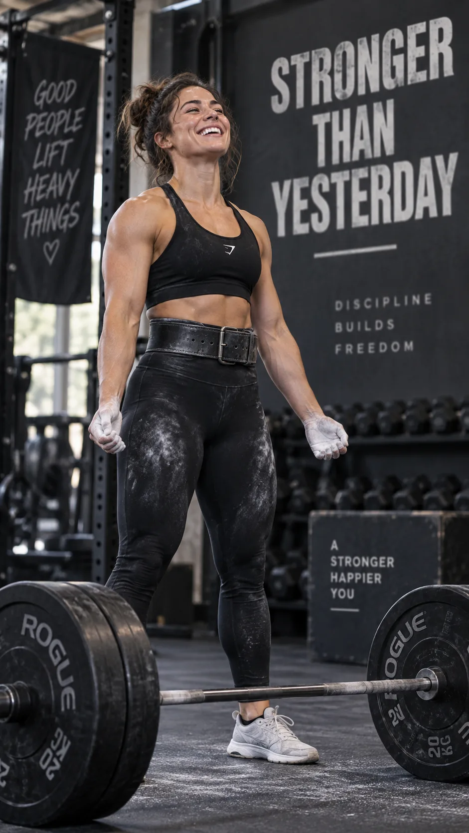 Person celebrating in a gym after completing a heavy deadlift, chalk on hands, smiling with satisfaction, barbell on the floor, motivational gym environment