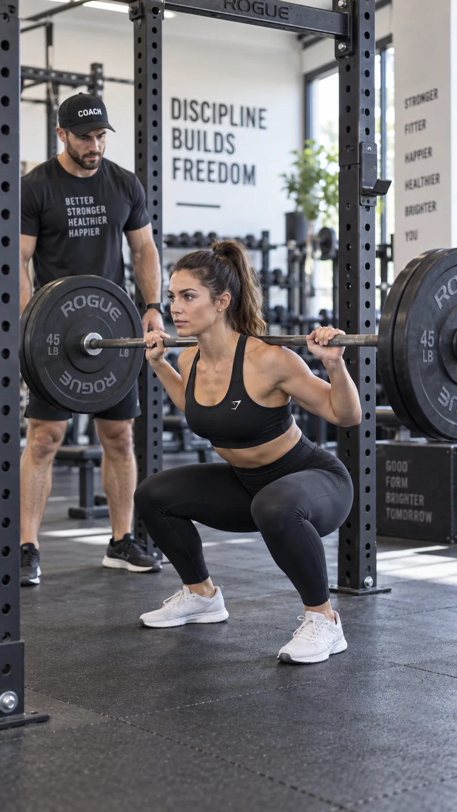 A person performing a barbell squat with proper form in a well-lit gym, a coach standing nearby observing, safety rack visible, professional gym photography