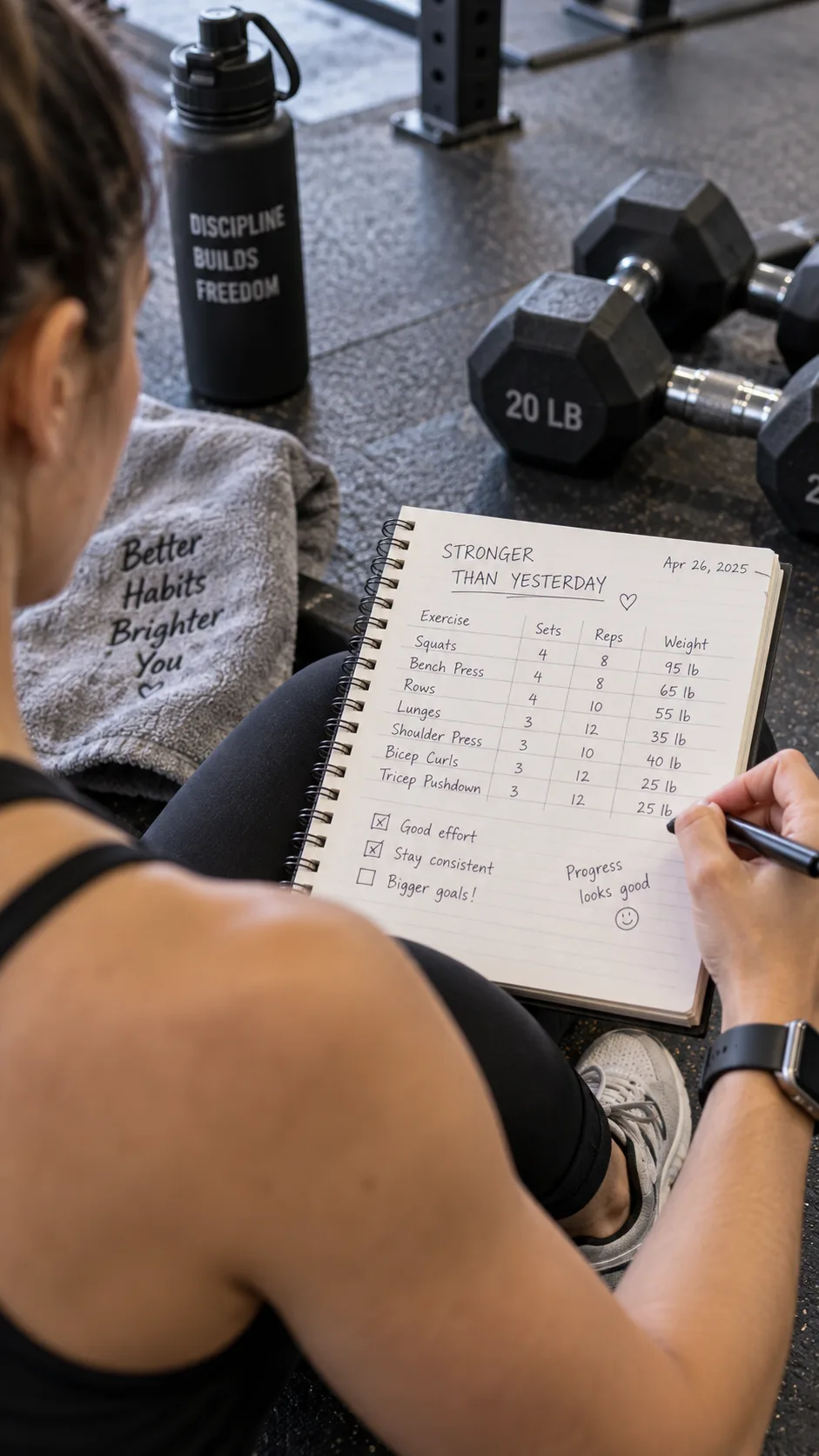 Close-up of a person tracking their workout in a notebook at the gym, with dumbbells and a water bottle visible on the floor beside them, natural gym lighting, photography style