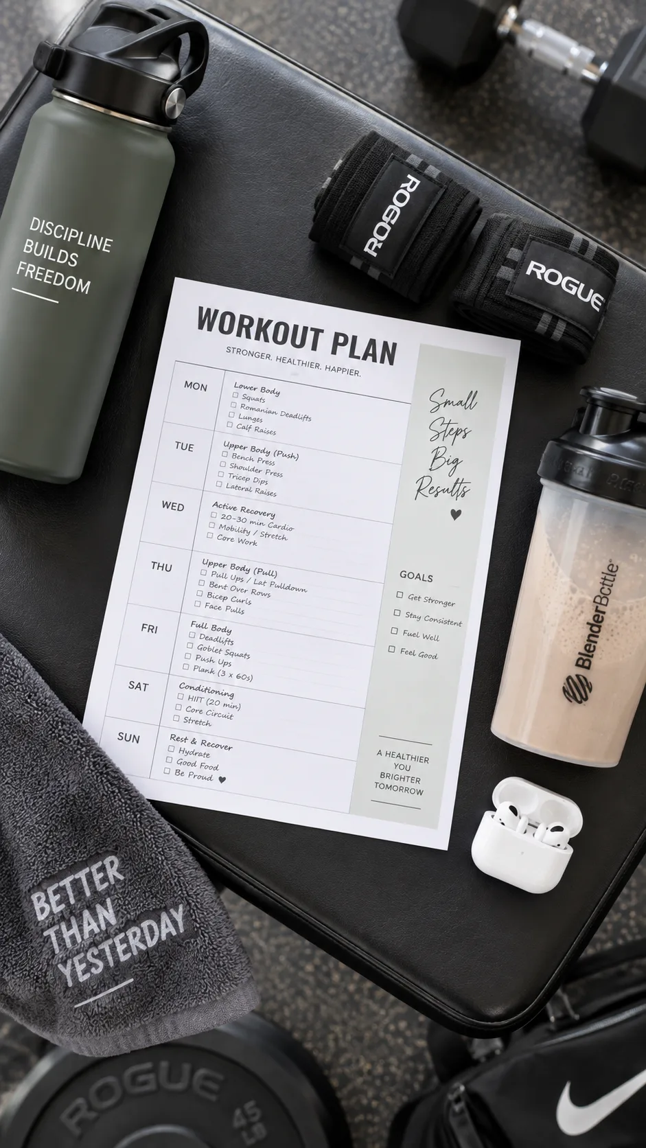 A flat-lay styled image of gym essentials: a workout plan printout, water bottle, wrist wraps, protein shaker, and earbuds arranged neatly on a gym bench, clean bright photography