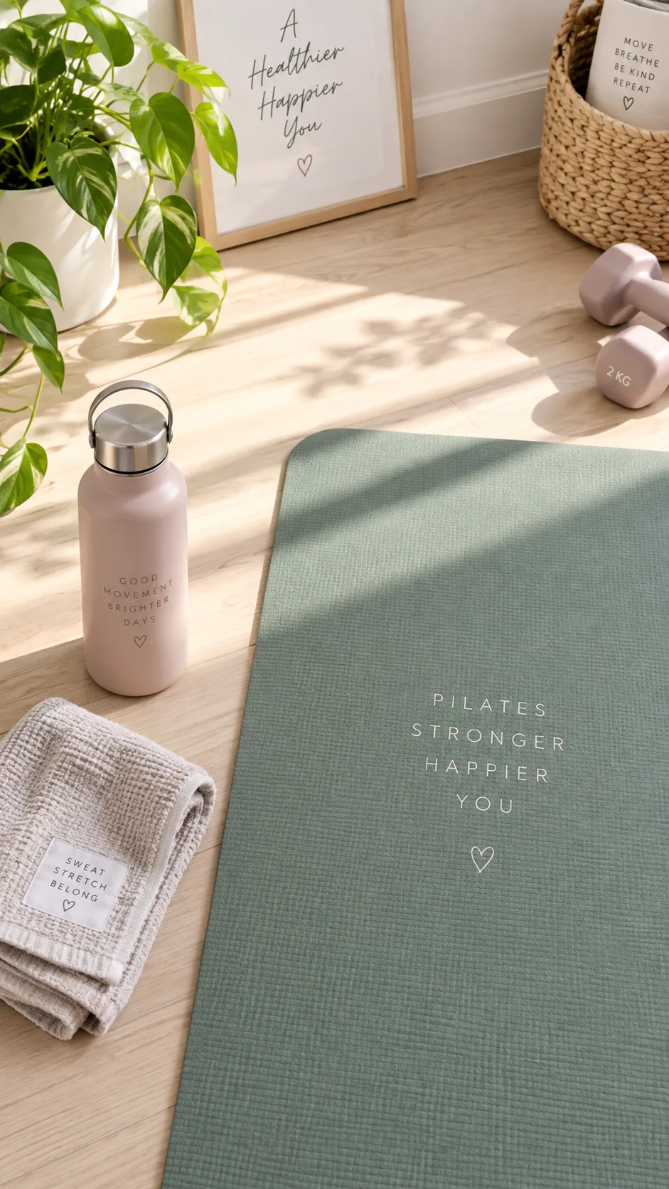 Overhead flat lay of a yoga mat with a water bottle and small towel beside it, bright clean minimalist home gym setting, ready for a Pilates workout, soft morning light