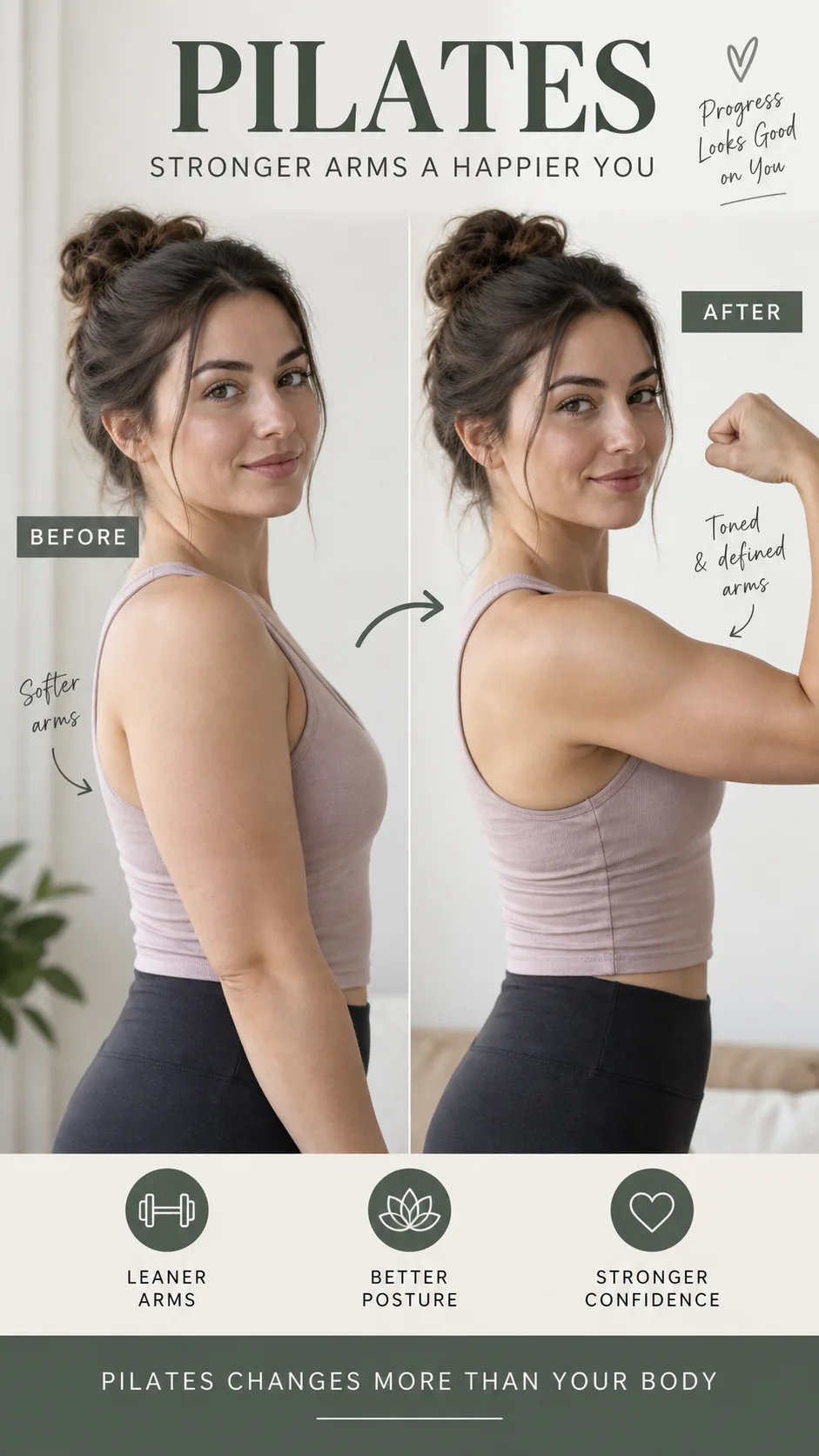 Before and after style comparison showing toned arms from Pilates practice, woman in a sleeveless top flexing lightly showing shoulder and tricep definition, natural lighting, clean background