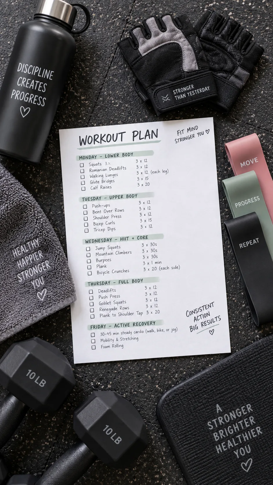 Overhead flat lay photograph of a workout plan written on paper next to gym gloves, water bottle, resistance bands, and dumbbells on a clean gym floor, organized and aesthetic fitness planning concept