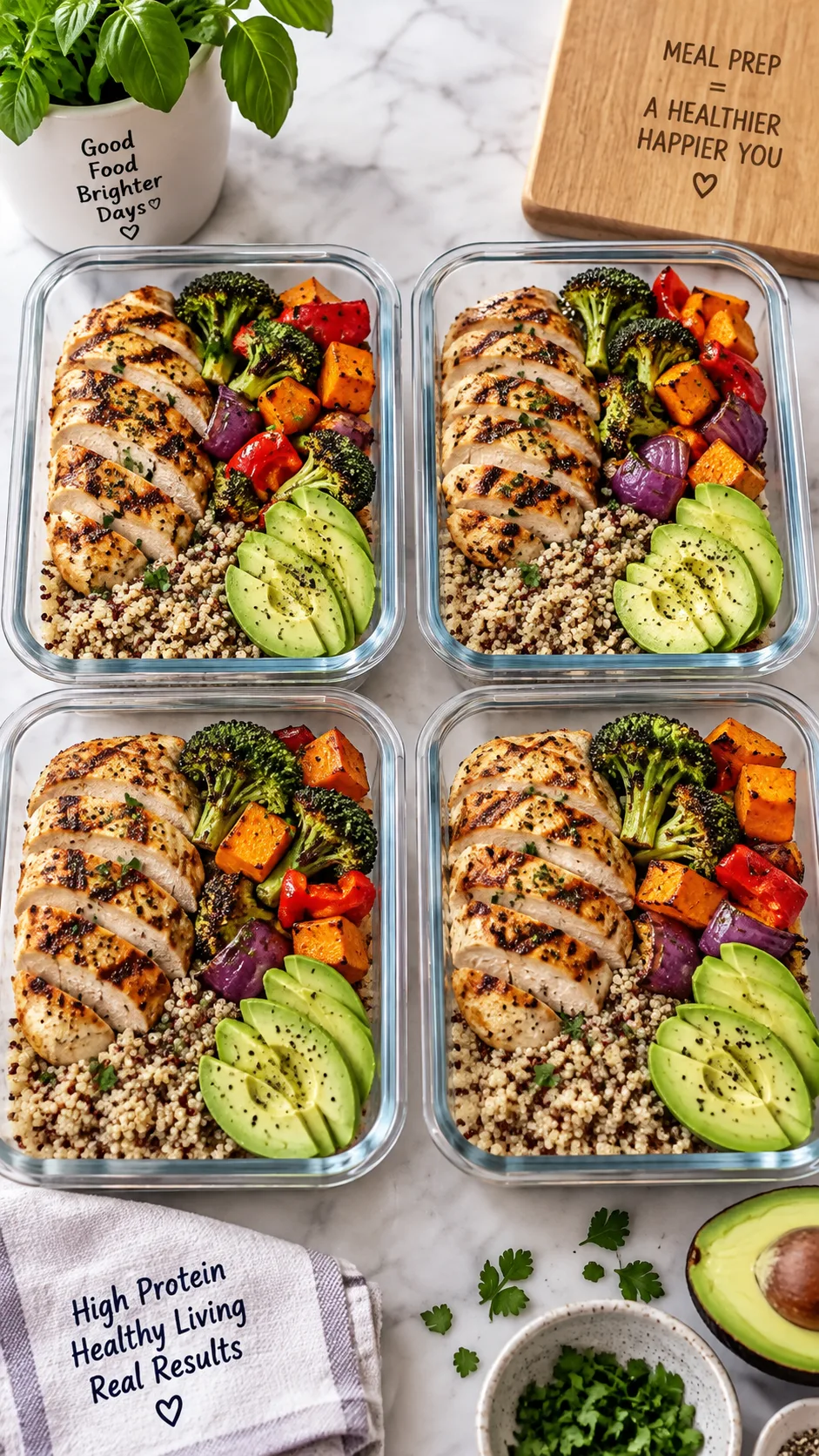 Healthy high-protein meal prep containers with grilled chicken, quinoa, roasted vegetables, and avocado arranged neatly on a kitchen counter, bright overhead lighting, clean aesthetic food photography