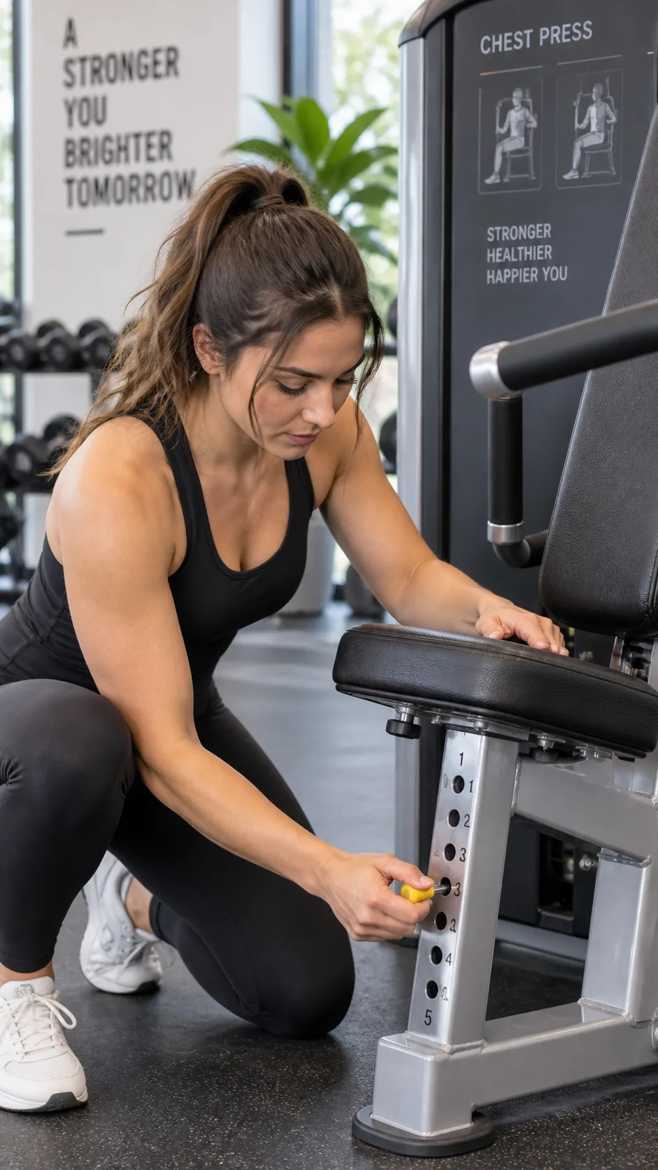 Close-up of a woman adjusting the seat on a chest press machine at the gym, hands on the adjustment pin, clean modern gym equipment, natural lighting