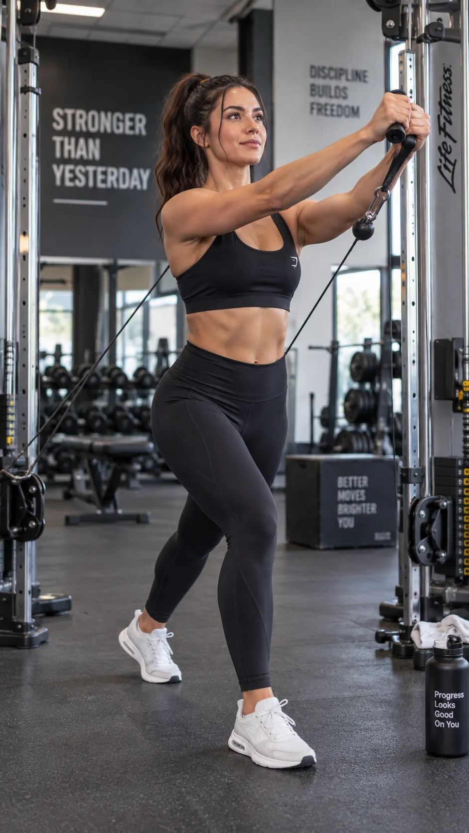 Woman performing low-to-high cable crossover exercise in a gym, arms sweeping upward, cable machine visible, athletic stance, natural gym lighting