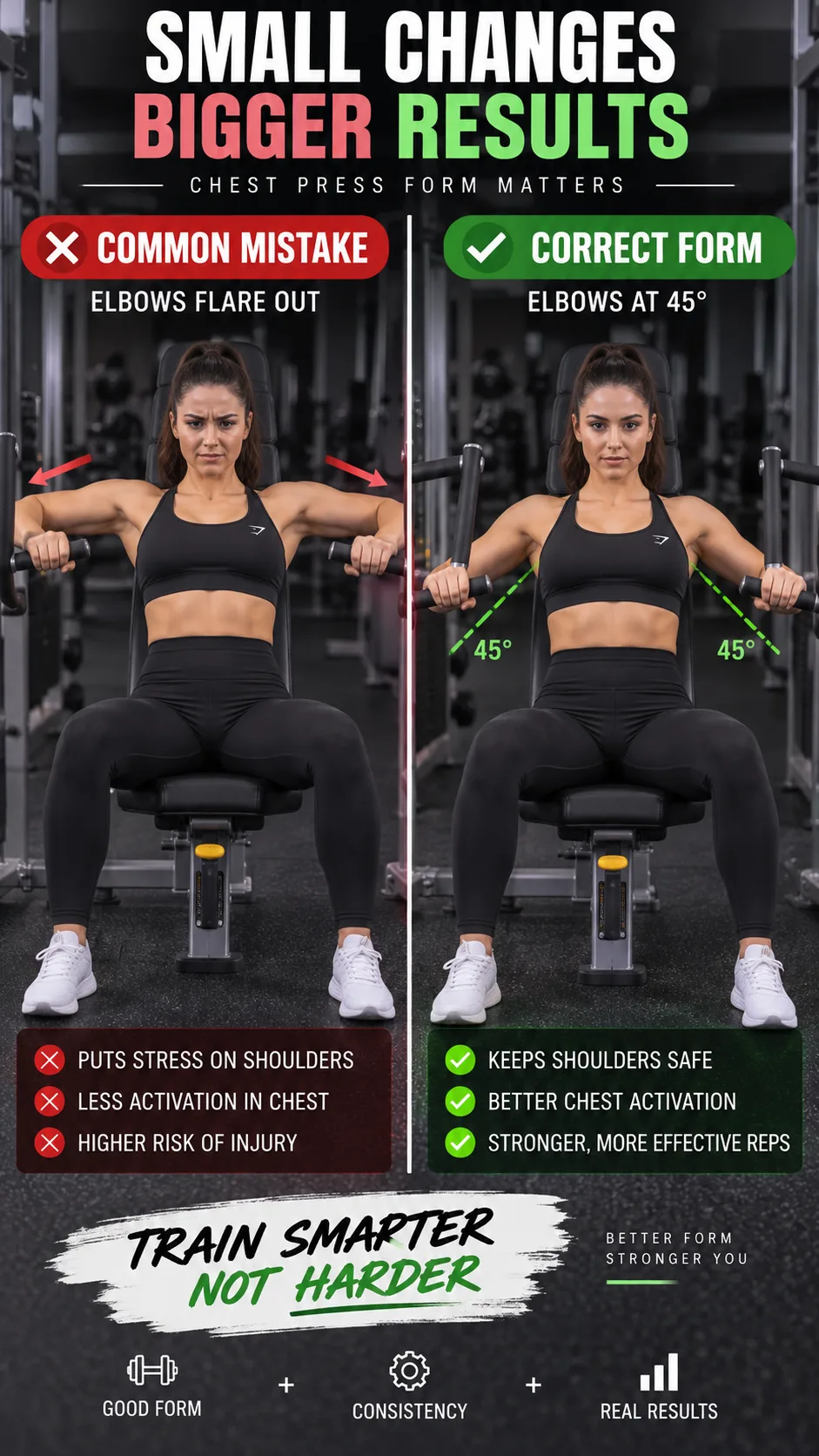 Split image showing common gym mistakes: woman with flared elbows on chest press on one side, and correct 45-degree elbow position on the other side, instructional fitness photography style