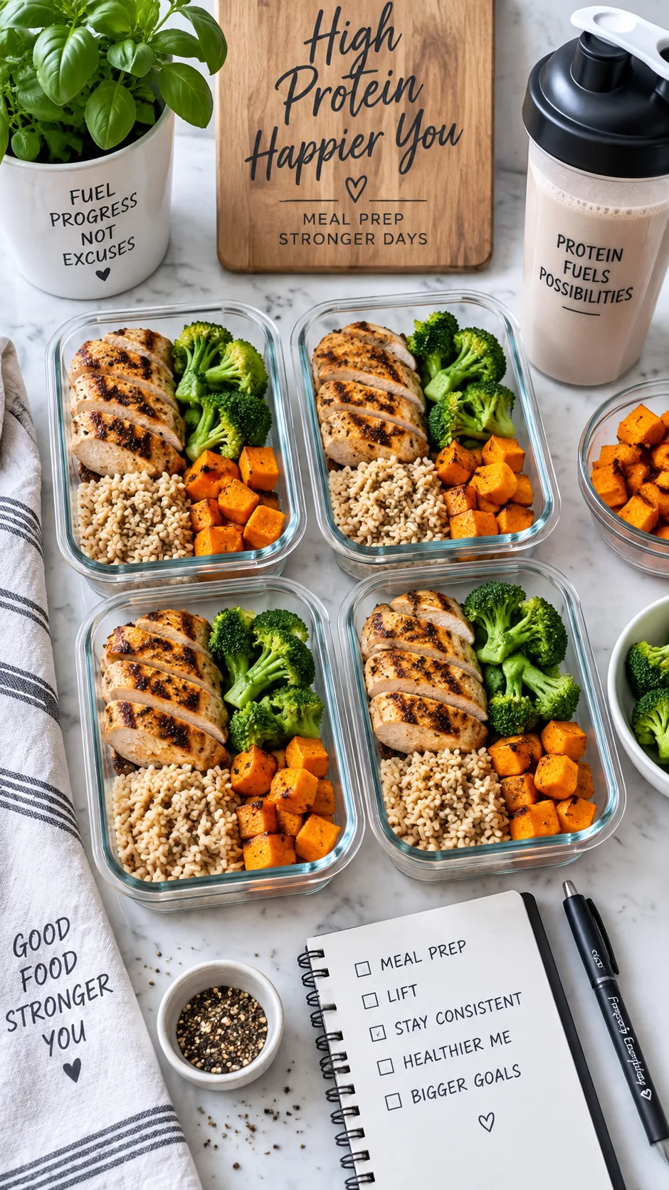 Overhead flat-lay photo of a high-protein meal prep for fitness, featuring grilled chicken, brown rice, broccoli, sweet potatoes, and protein shake in containers, clean kitchen setting, bright natural lighting