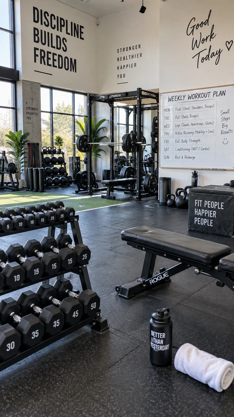 A wide-angle photograph of a well-organized modern gym with weight racks, benches, and a weekly workout schedule whiteboard visible in the background, natural lighting, motivational atmosphere