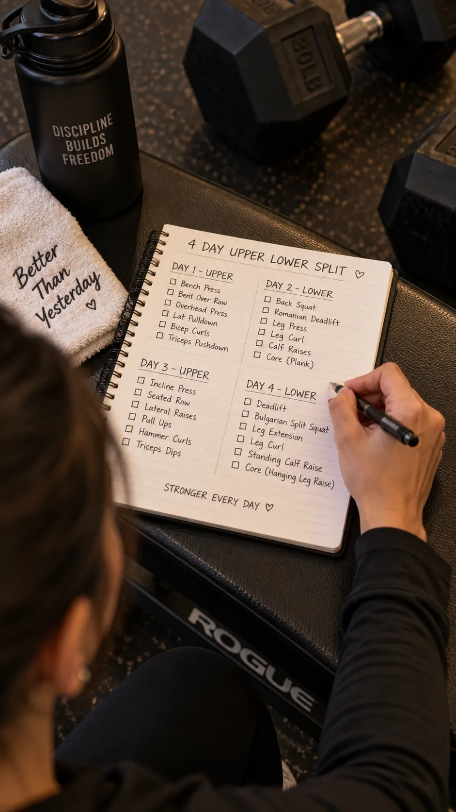 Close-up photograph of a person writing out a 4-day upper lower workout split on a notebook at a gym bench, dumbbells in the background, overhead angle, warm lighting