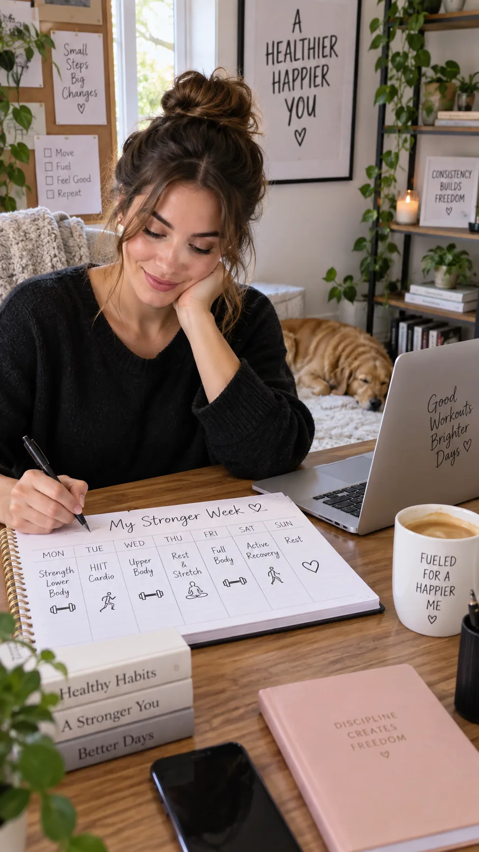 Photograph of a person sitting at a desk with a laptop and a physical calendar, planning their weekly gym schedule, coffee cup nearby, cozy home office setting, soft natural light