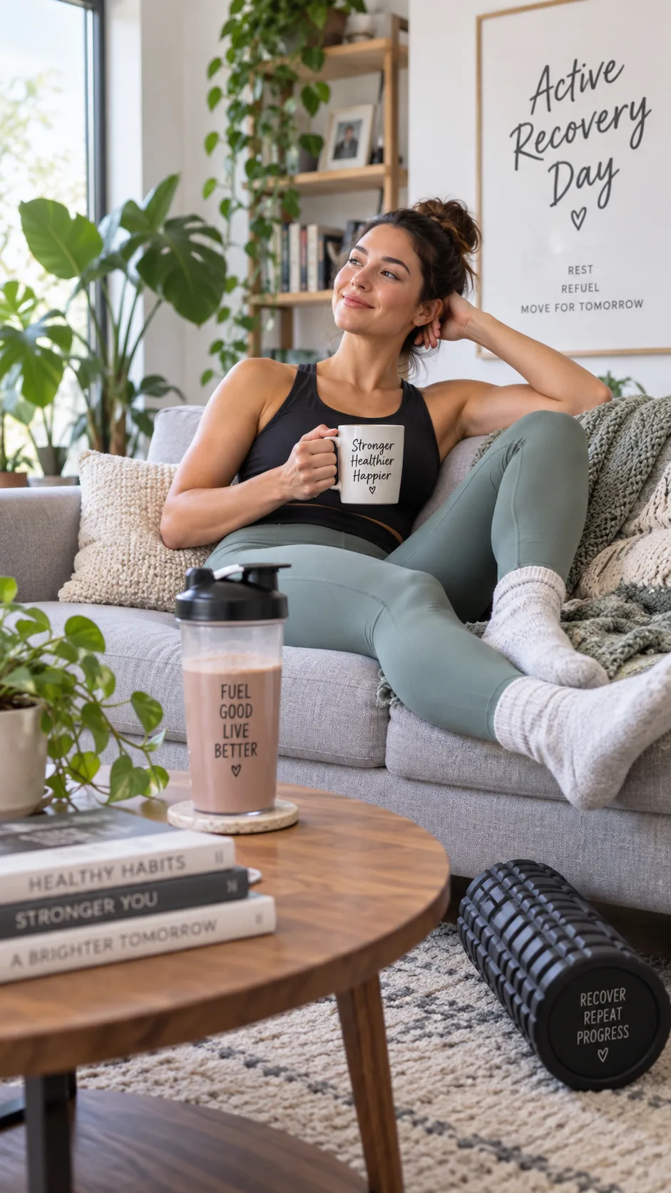 Photograph of a person relaxing on a couch with a foam roller nearby and a protein shake on the coffee table, casual athletic clothing, bright living room with plants, representing active recovery day