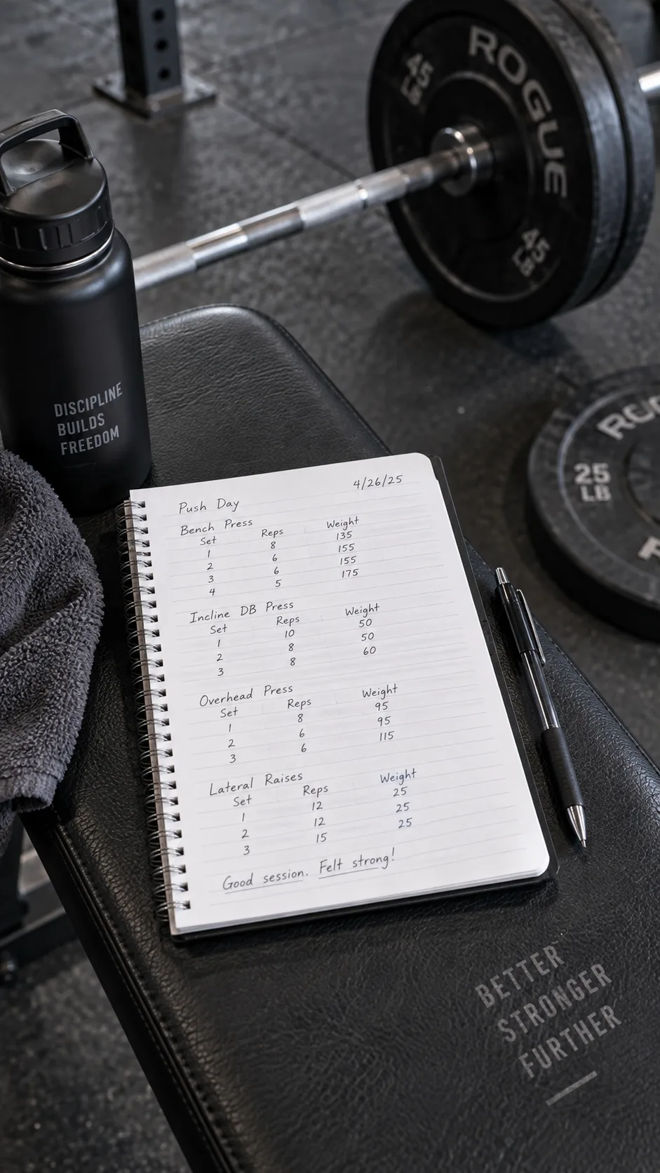 Photograph of a gym notebook and pen on a weight bench showing logged sets, reps, and weights, with a barbell and plates blurred in the background, overhead perspective, realistic gym lighting