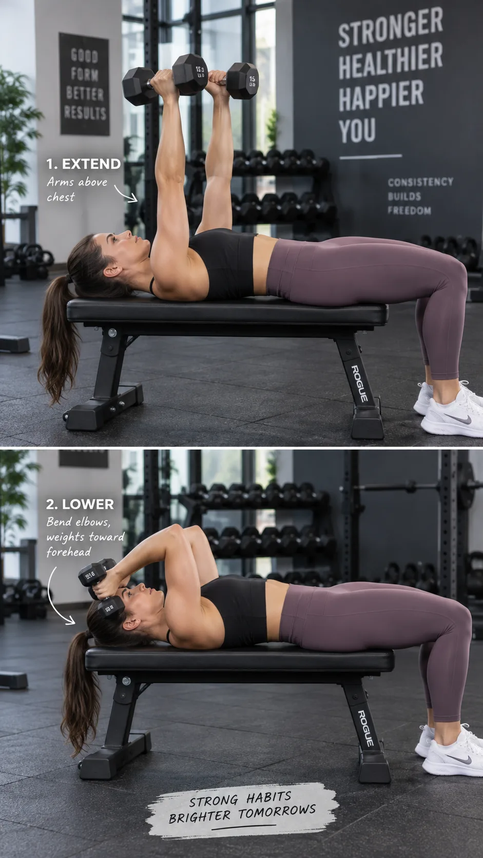 Woman lying flat on a weight bench performing dumbbell skull crushers, arms extended above chest, elbows bent lowering weights toward forehead, well-lit gym environment, professional exercise demonstration photography