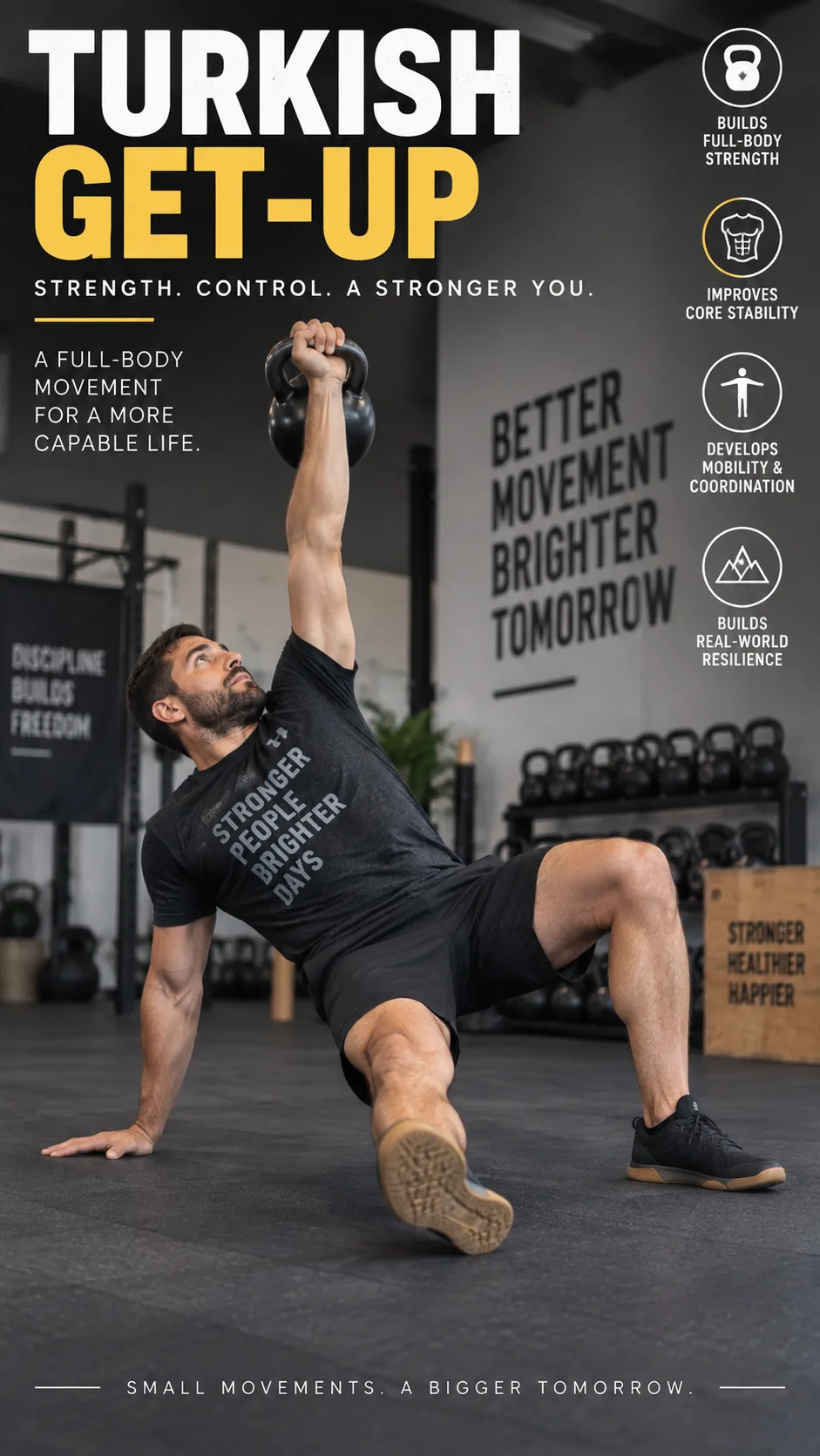 Person performing a Turkish get-up with a kettlebell in a gym, captured mid-movement in the bridge position, demonstrating core stability and control