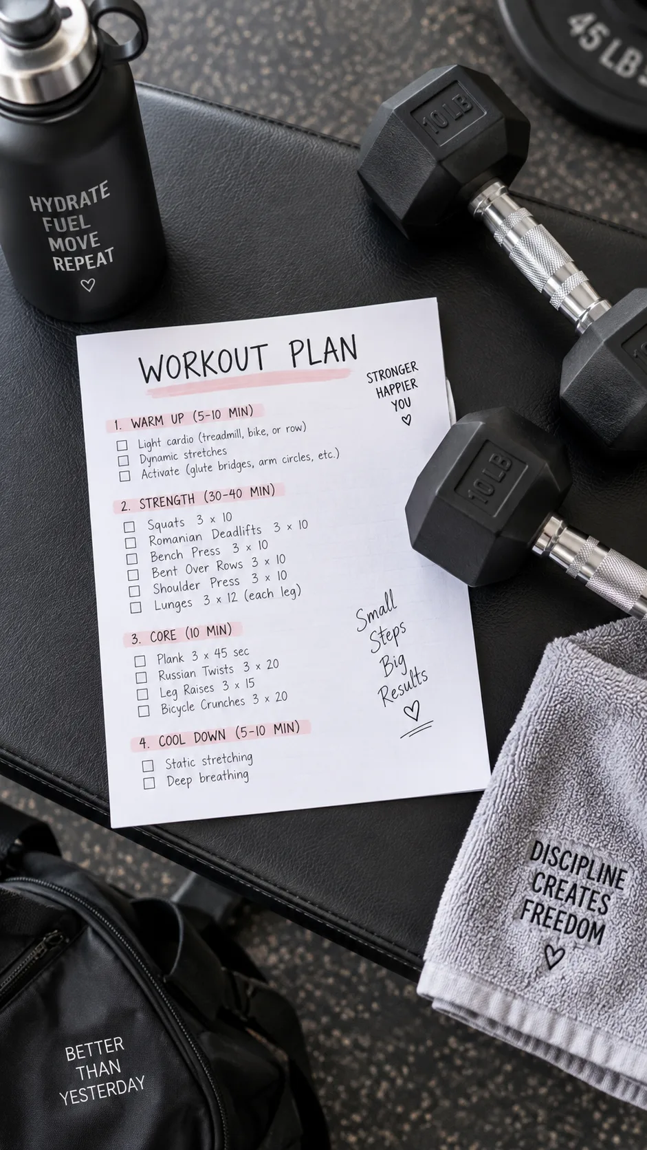 Flat lay of a workout plan written on paper next to a pair of dumbbells and a water bottle on a gym bench, clean aesthetic, overhead angle, fitness planning photography