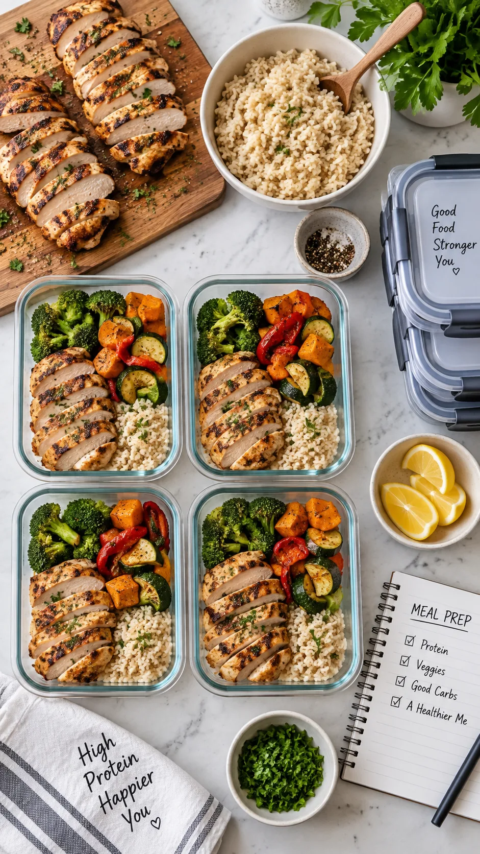 Overhead flat-lay photo of a high-protein meal prep spread with grilled chicken, vegetables, rice, and containers on a clean kitchen counter, natural lighting