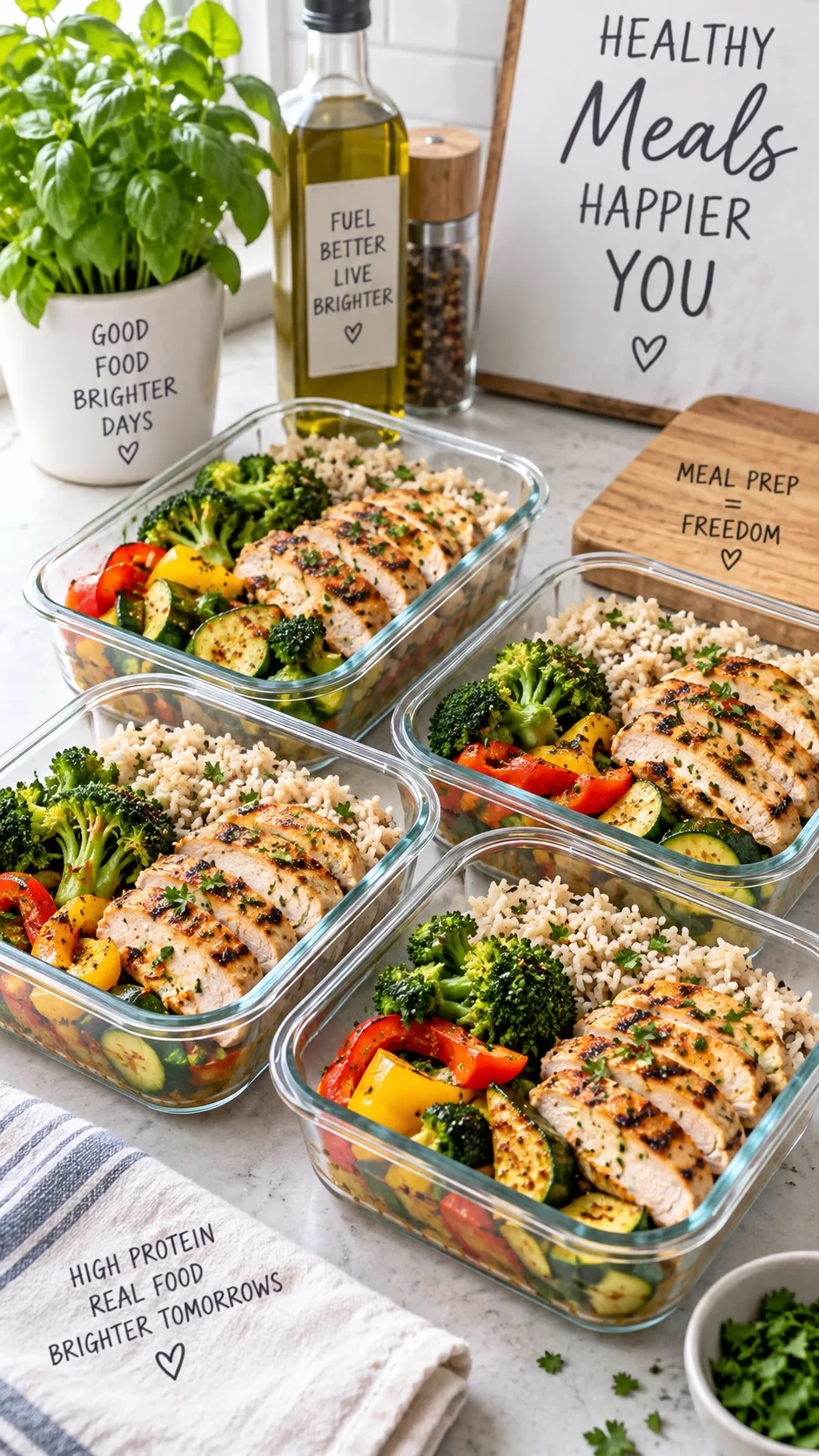Healthy high-protein meal prep containers with grilled chicken, vegetables, and rice arranged on a kitchen counter, bright natural lighting, clean food photography