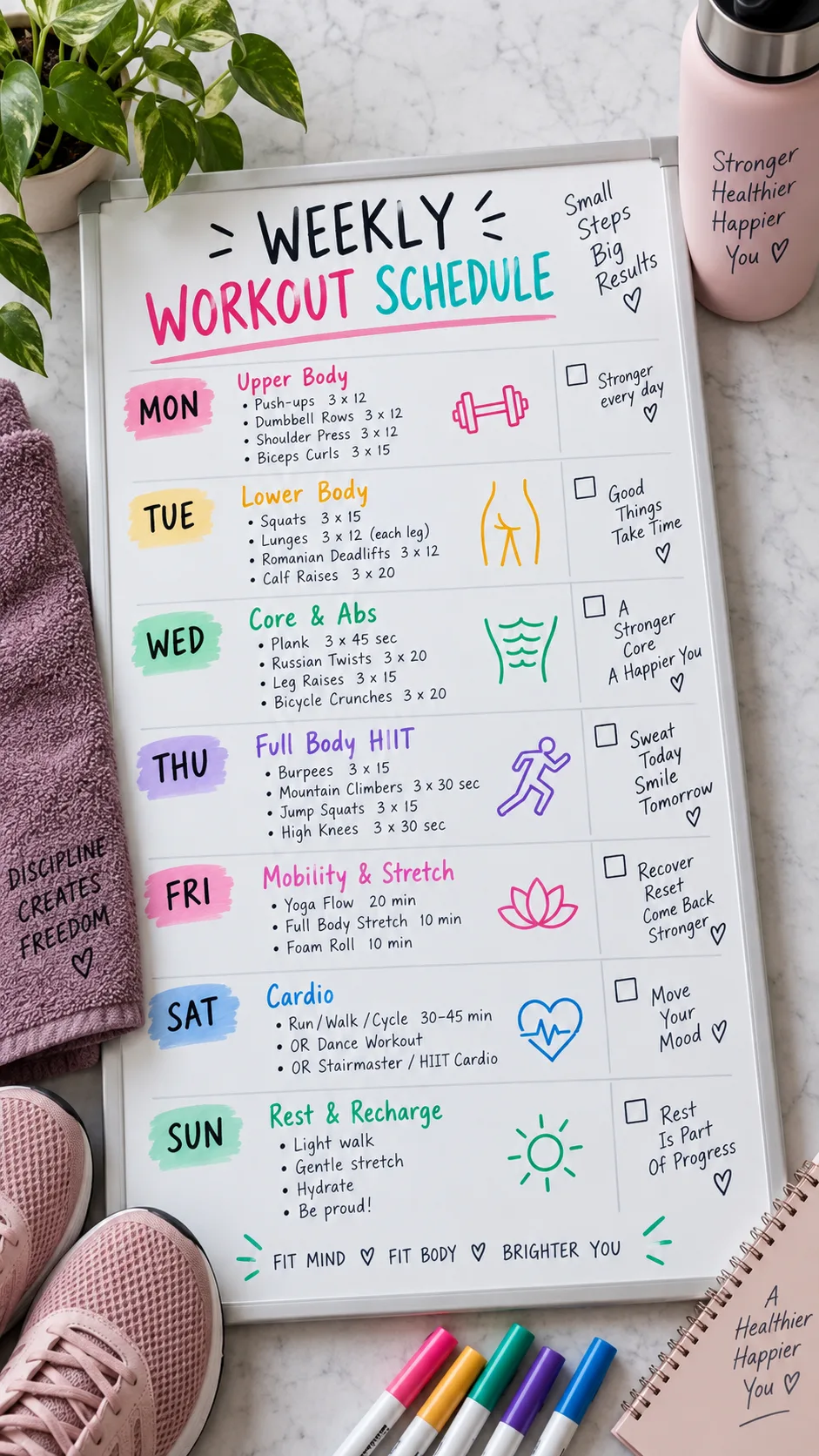 A weekly workout schedule written on a whiteboard or planner with colorful markers, showing 7 days of exercises, clean aesthetic, overhead shot, fitness planning concept