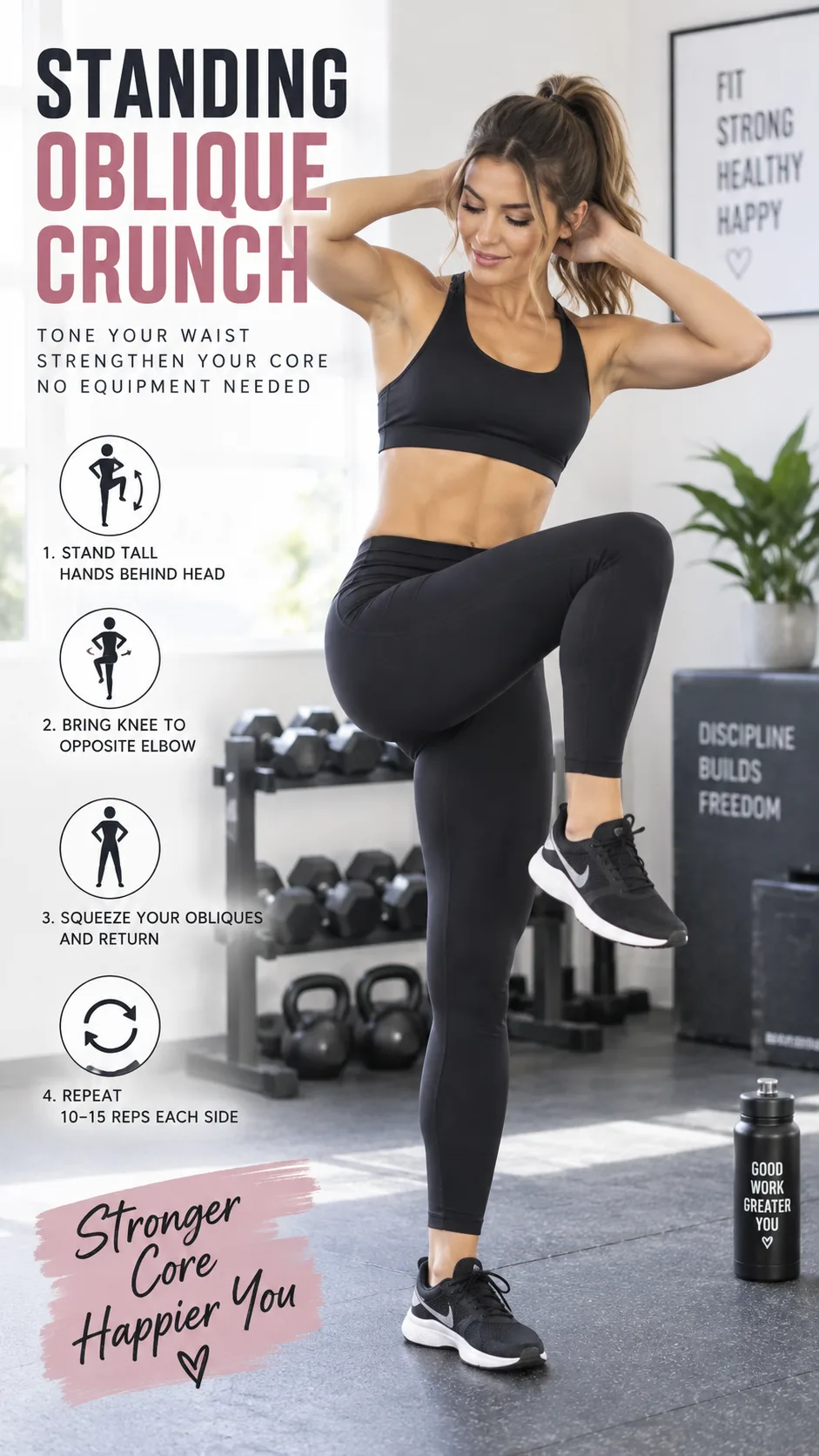 Woman demonstrating a standing oblique crunch exercise in a gym setting, wearing black leggings and sports bra, bright lighting, clean background, fitness tutorial style photography