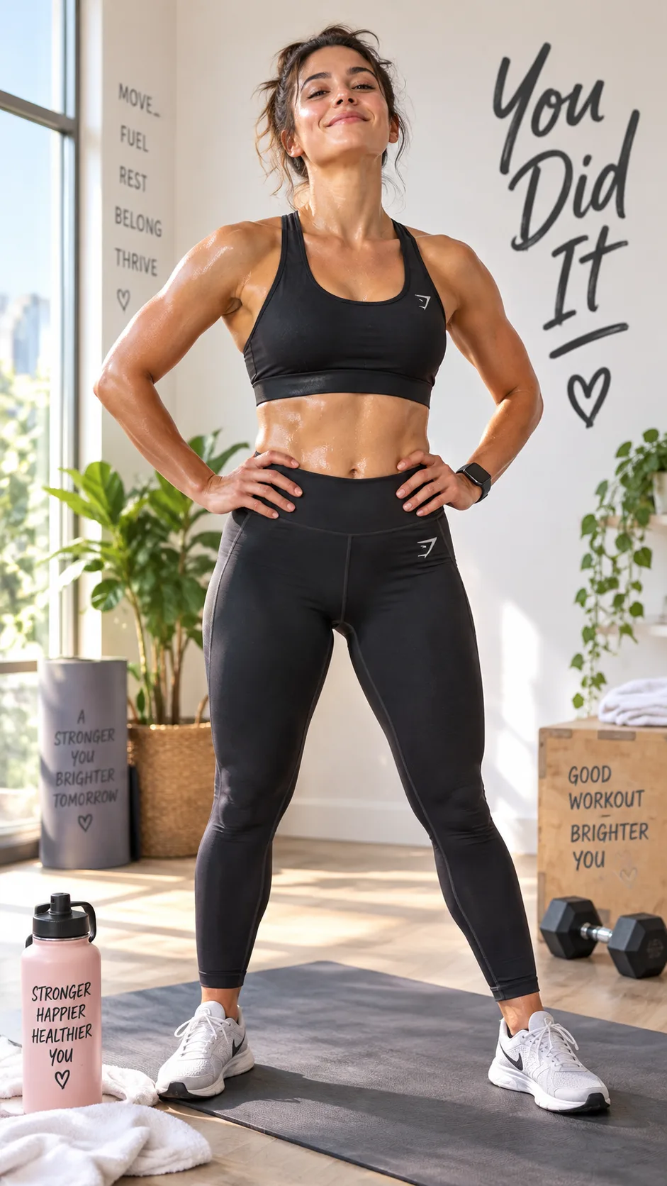 Empowered woman celebrating completing a workout, hands on hips, standing on a yoga mat, bright and uplifting atmosphere, sweat visible, confident expression, fitness lifestyle photography