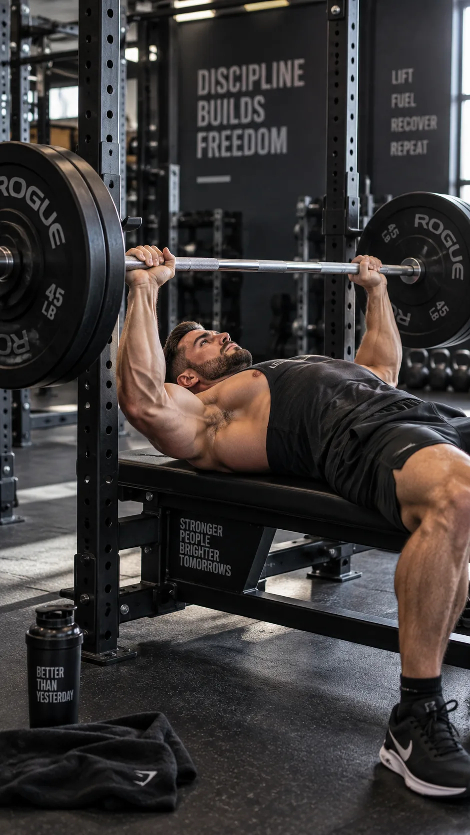 Muscular man performing a barbell bench press in a well-lit gym, side angle showing proper form and chest engagement, dramatic gym lighting with weight plates visible