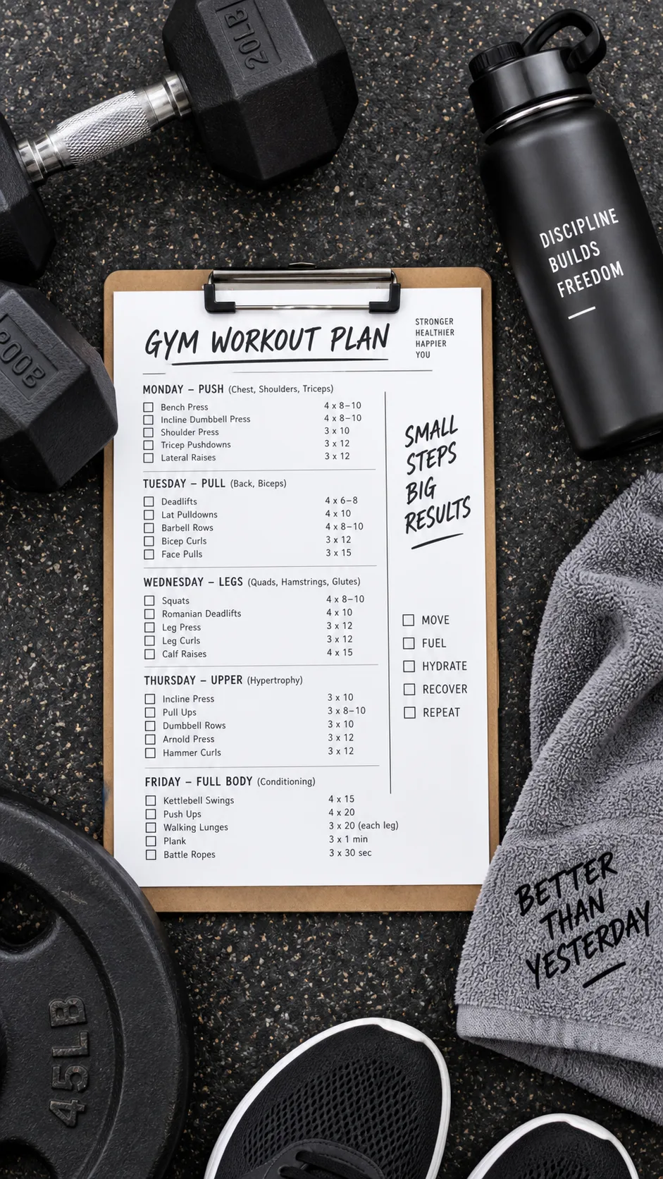 Overhead flat lay view of a gym workout plan written on a clipboard next to dumbbells, a water bottle, and a gym towel on a rubber gym floor, clean editorial photography style