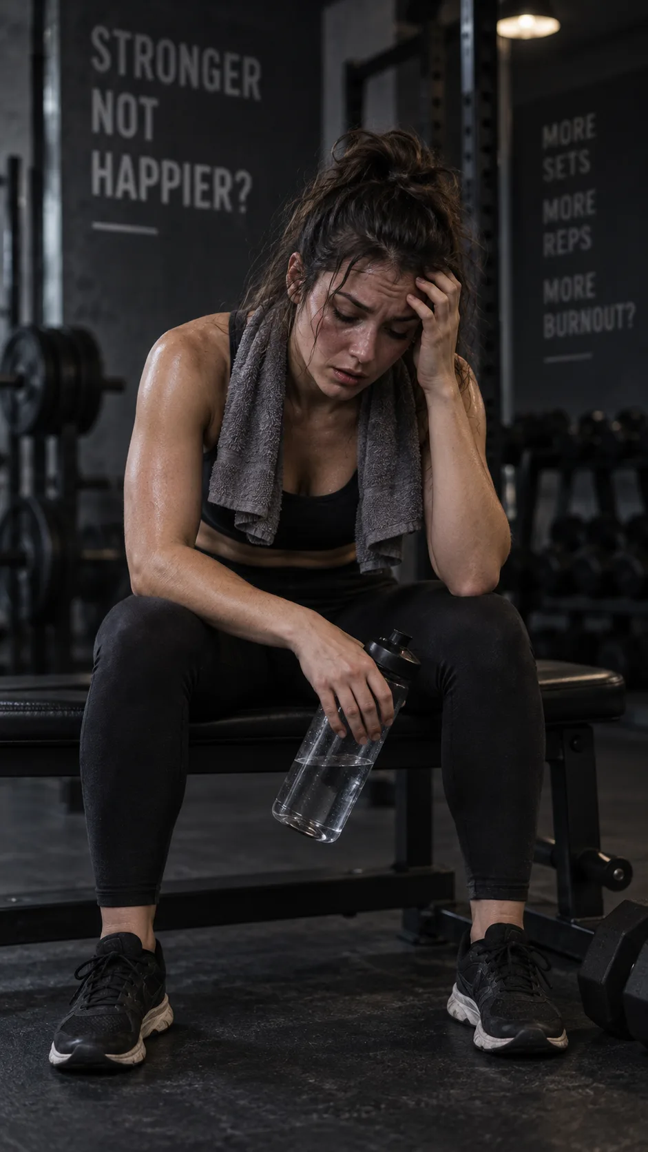 Exhausted woman sitting on a gym bench looking tired and overtrained, holding a water bottle, dimly lit gym background, conveying fatigue and burnout from exercise