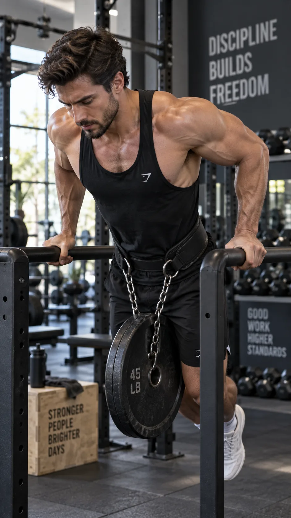 Athletic man performing weighted chest dips on parallel bars in a modern gym, forward lean position showing chest engagement, weight plate hanging from dip belt, natural gym lighting