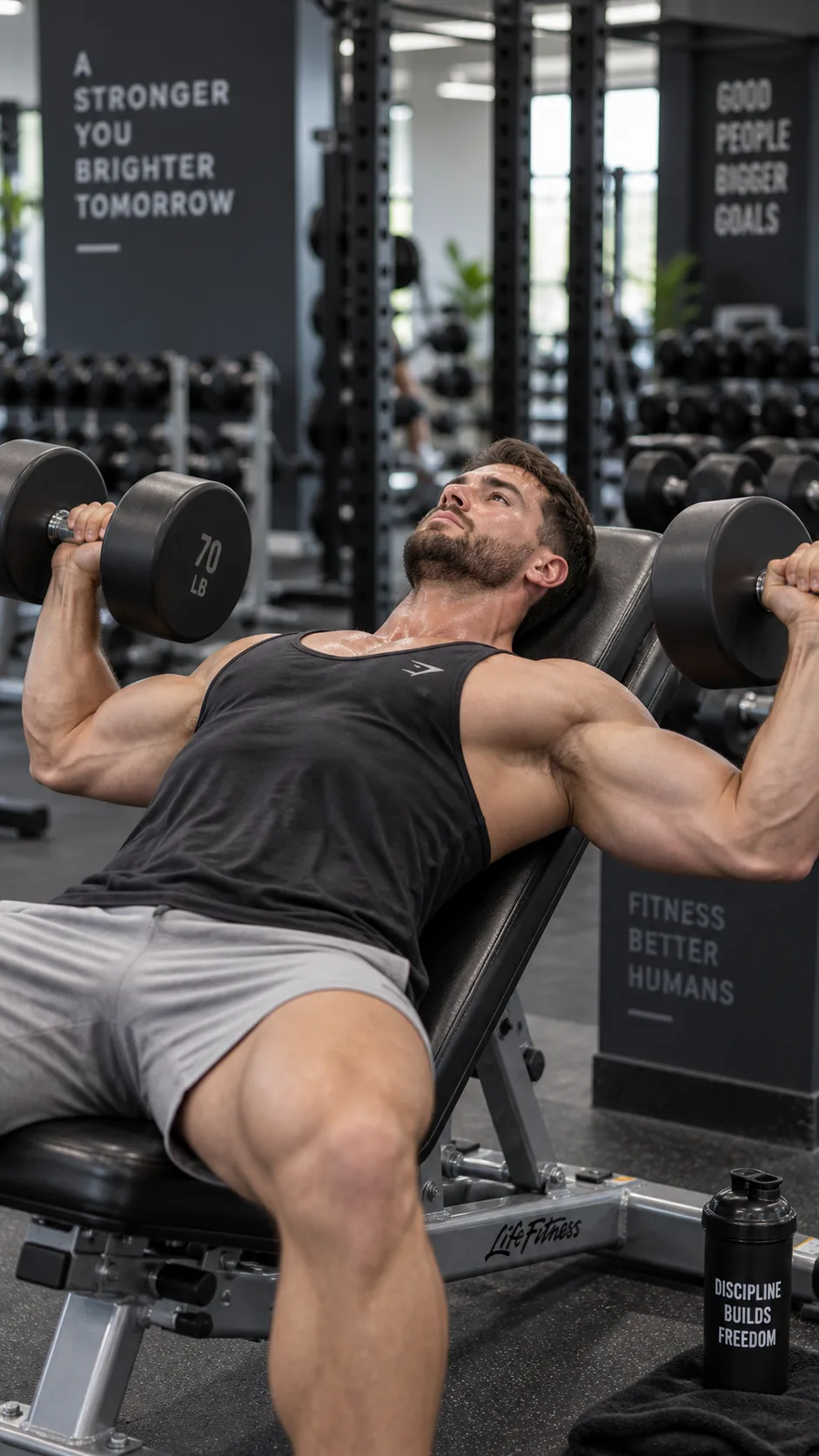 Man at the bottom position of a deep incline dumbbell press showing full chest stretch, well-lit commercial gym setting, professional fitness photography with shallow depth of field