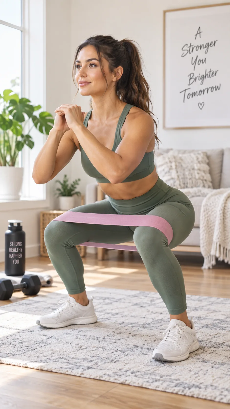Athletic woman performing a resistance band squat in a bright, minimalist living room, wearing workout clothes, natural lighting, fitness lifestyle photography