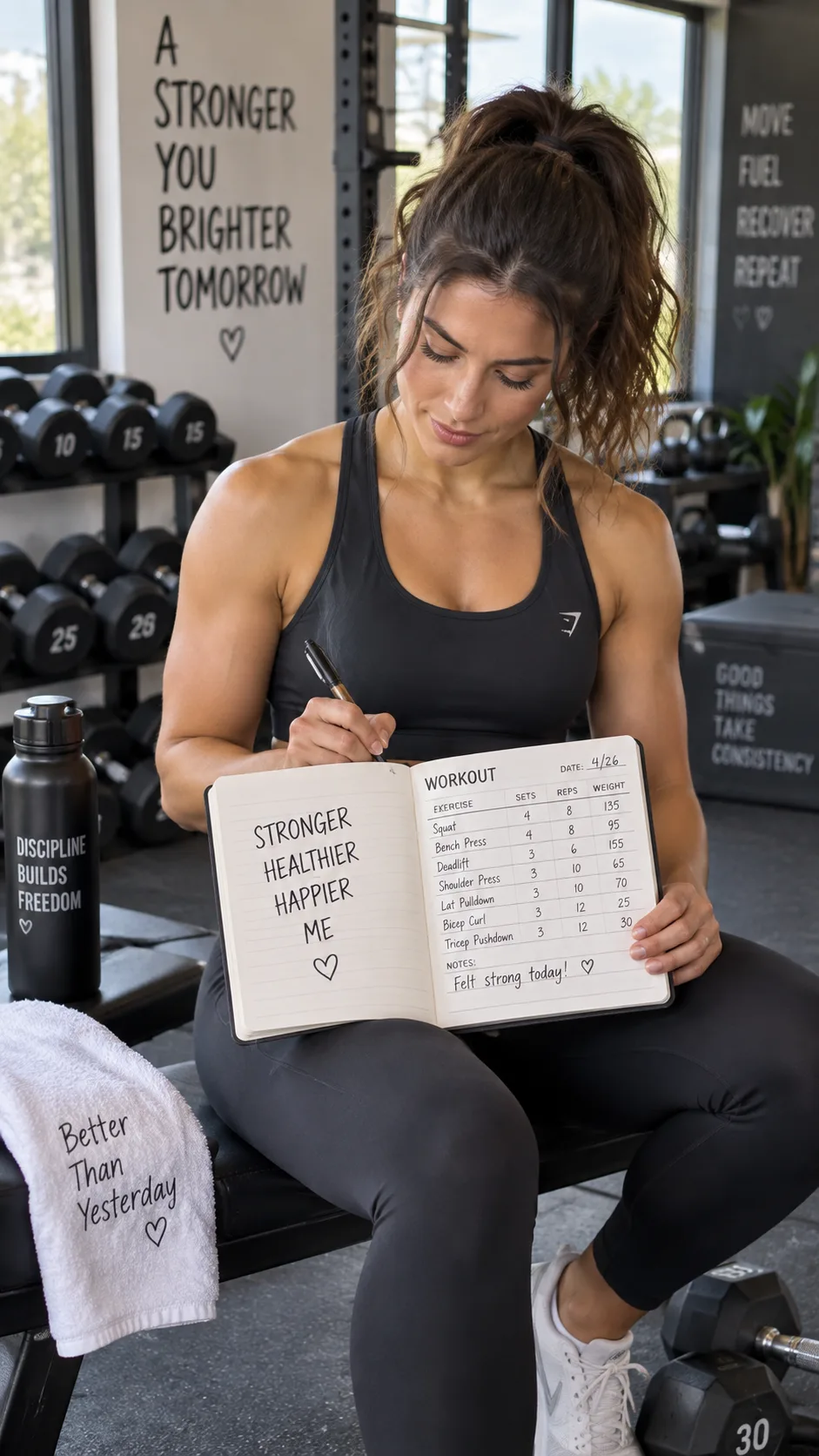 Woman tracking her workout progress in a journal at the gym, pen in hand, weights visible in the background, focused and organized, natural lighting