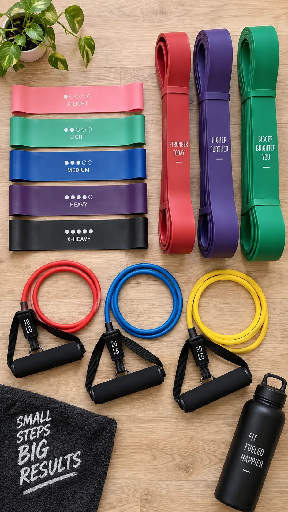 Flat lay photography of different types of resistance bands including loop bands, long pull-up bands, and tube bands with handles arranged neatly on a light wooden surface, fitness equipment product photography