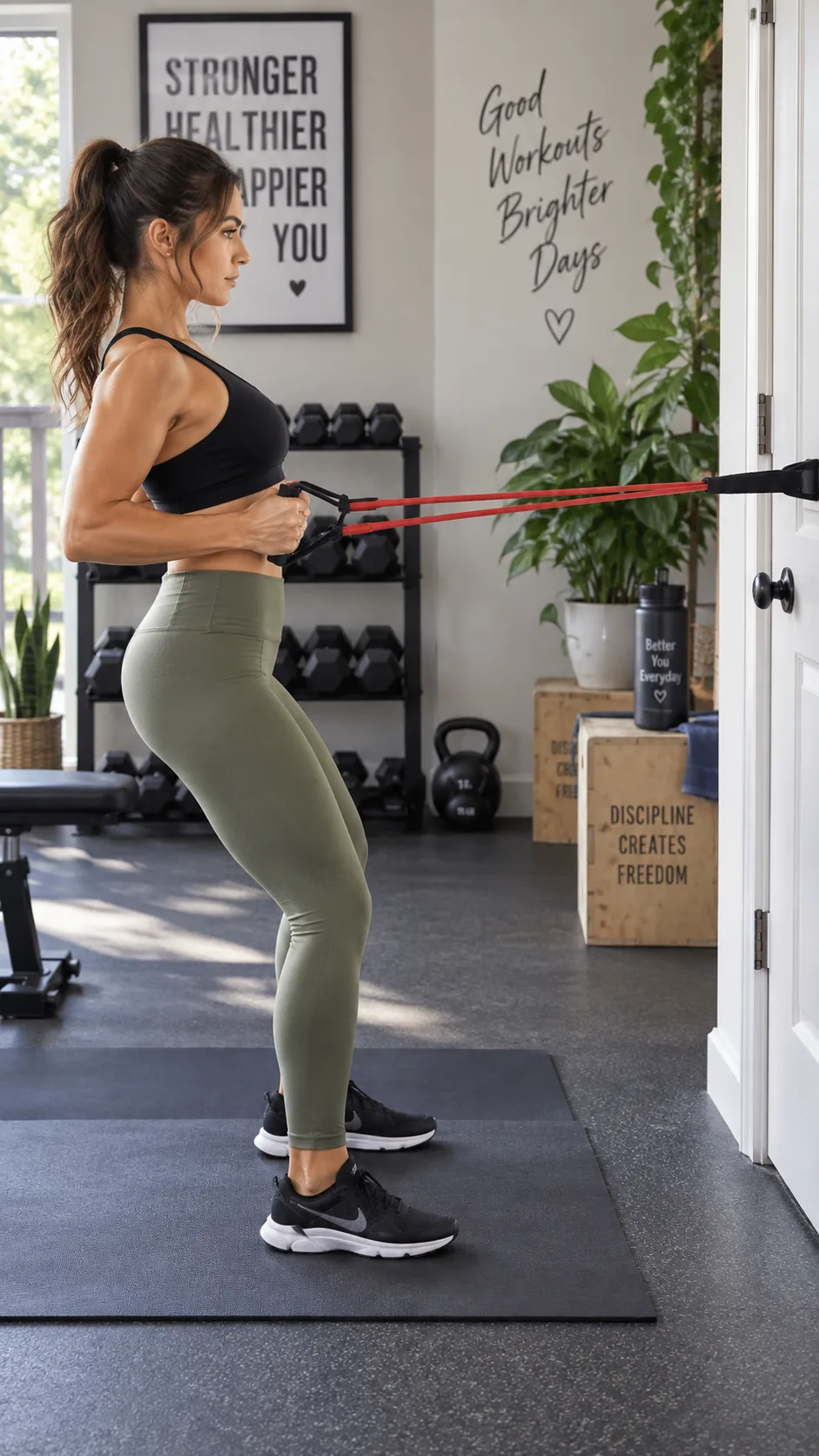 Fit woman performing a standing resistance band row exercise in a home gym setting, demonstrating proper form with band anchored to door, side-angle fitness photography with natural lighting