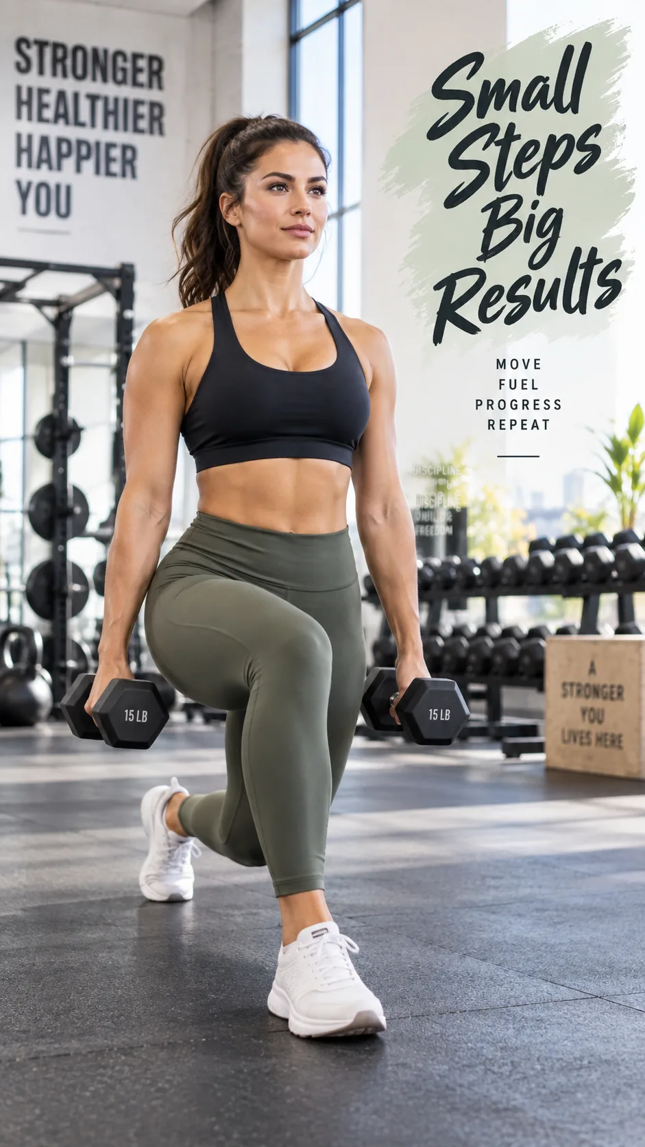 A woman performing walking lunges with dumbbells in a spacious gym, proper form, athletic pose, motivational setting, bright lighting