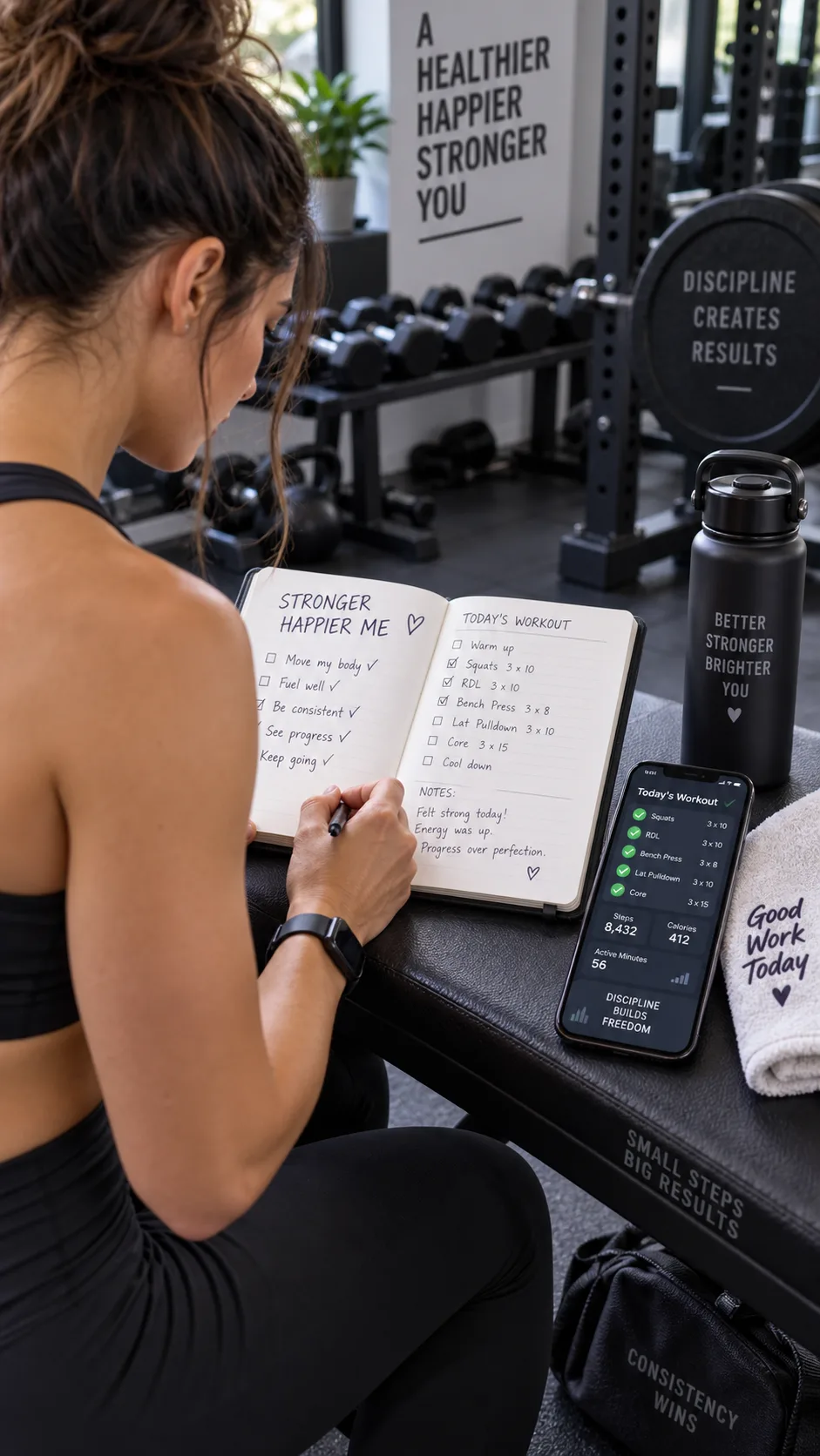Person writing in a fitness journal at a gym bench with a phone showing a workout tracking app beside them, organized and focused atmosphere