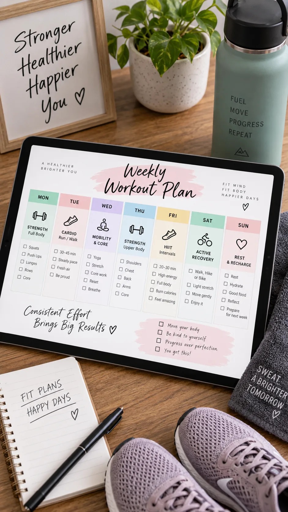 Clean weekly workout calendar displayed on a tablet screen sitting on a wooden desk next to running shoes and a water bottle, organized fitness planning aesthetic