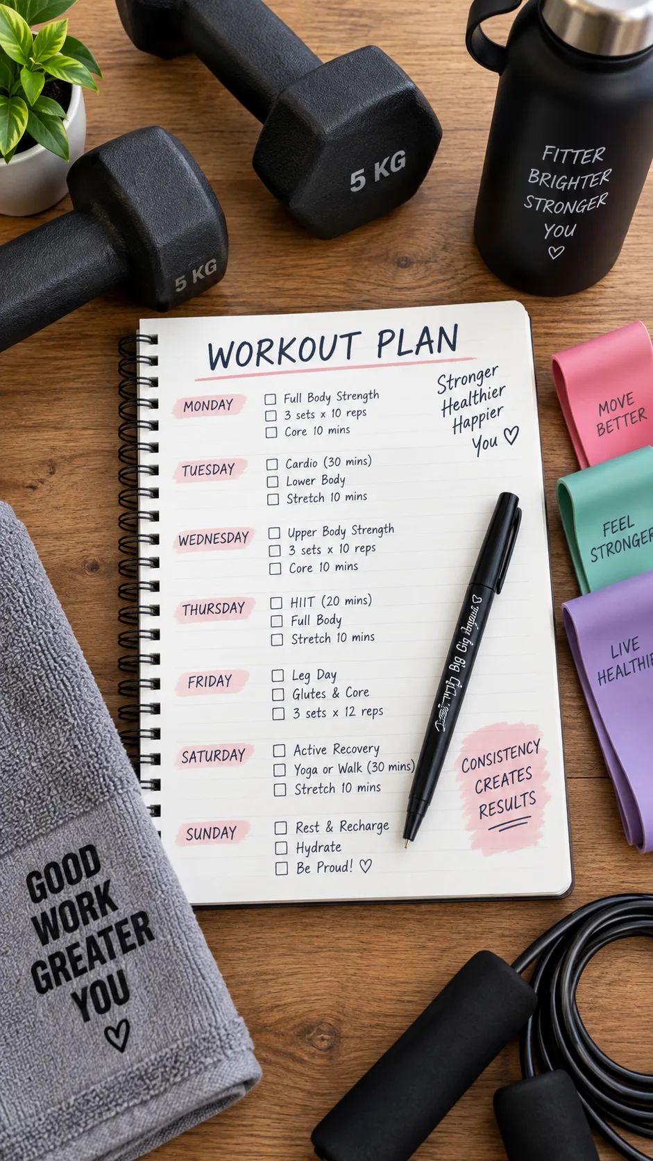 A flat-lay workout plan written on a notebook with a pen, surrounded by gym equipment like dumbbells and resistance bands, on a clean wooden surface with good lighting.