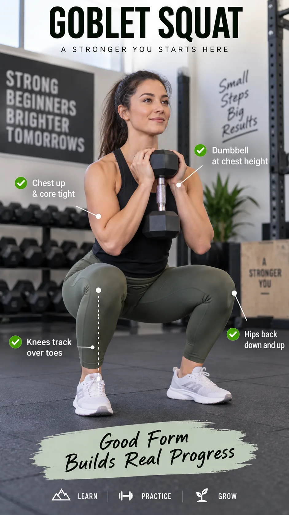 A beginner performing a proper goblet squat with a dumbbell held at chest height, showing correct form with knees tracking over toes and chest up, in a clean gym setting.