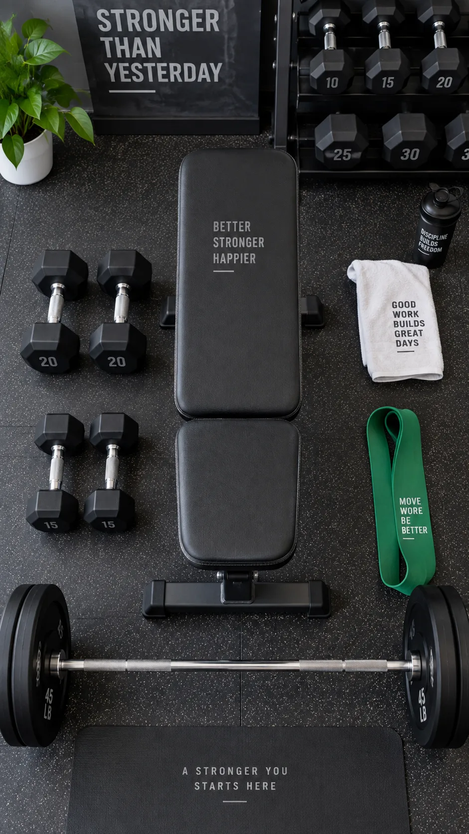 Overhead view of a gym bench with dumbbells, barbell, and resistance band laid out neatly, ready for an upper body workout, clean modern gym setting
