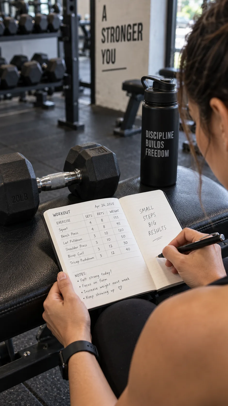 Person writing in a small workout journal at a gym bench, with dumbbells nearby, showing tracking of sets and reps, natural gym lighting