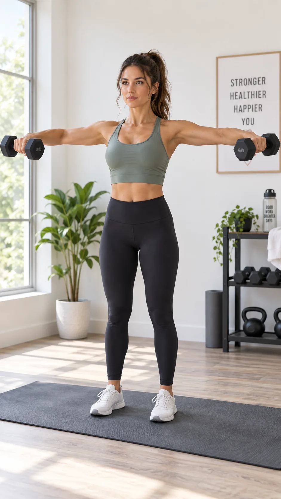 A fit woman performing a standing dumbbell lateral raise in a bright, minimal home gym on a yoga mat, wearing workout leggings and a fitted top, focused expression, natural light coming through a window, clean background