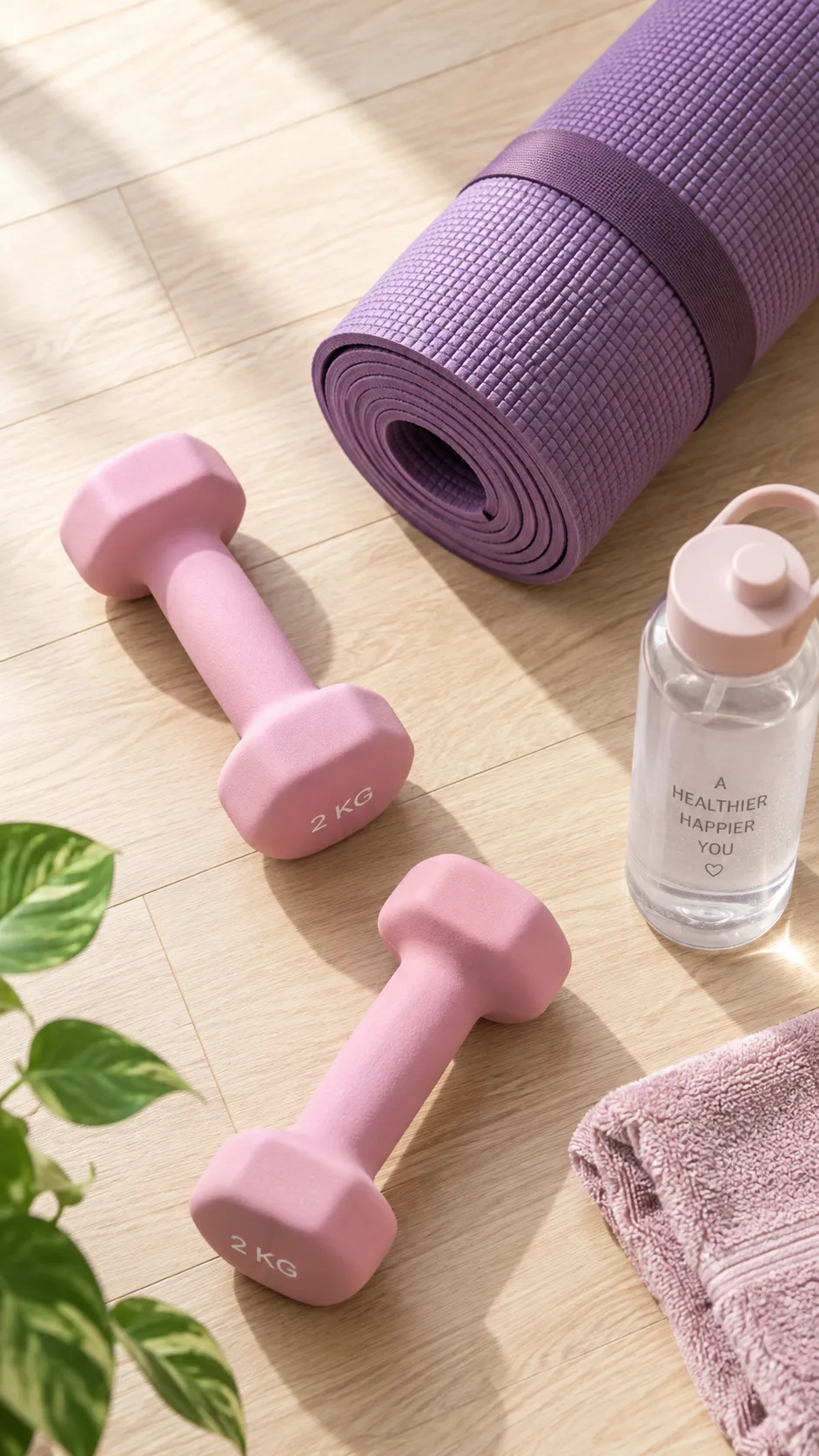 Flat lay of a pair of light pink dumbbells (2–3kg), a rolled-up purple yoga mat, a water bottle, and a small towel on a light wooden floor, bright natural light, minimalist aesthetic