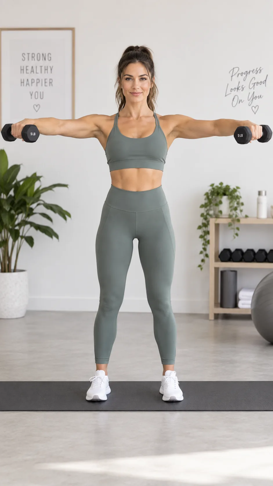 A woman in athletic wear performing a dumbbell lateral raise with perfect form, standing on a Pilates mat, arms raised to shoulder height, bright studio lighting, neutral background, clear view of shoulder and arm alignment