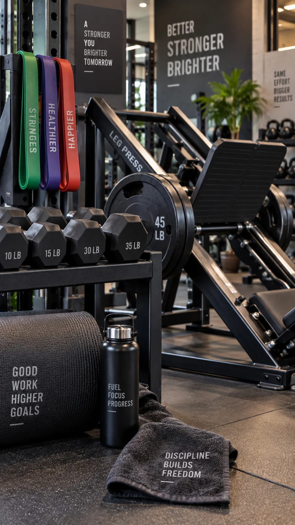 Close-up of gym equipment including dumbbells, resistance bands, and a leg press machine in a clean modern gym setting, well-organized and inviting atmosphere, professional photography