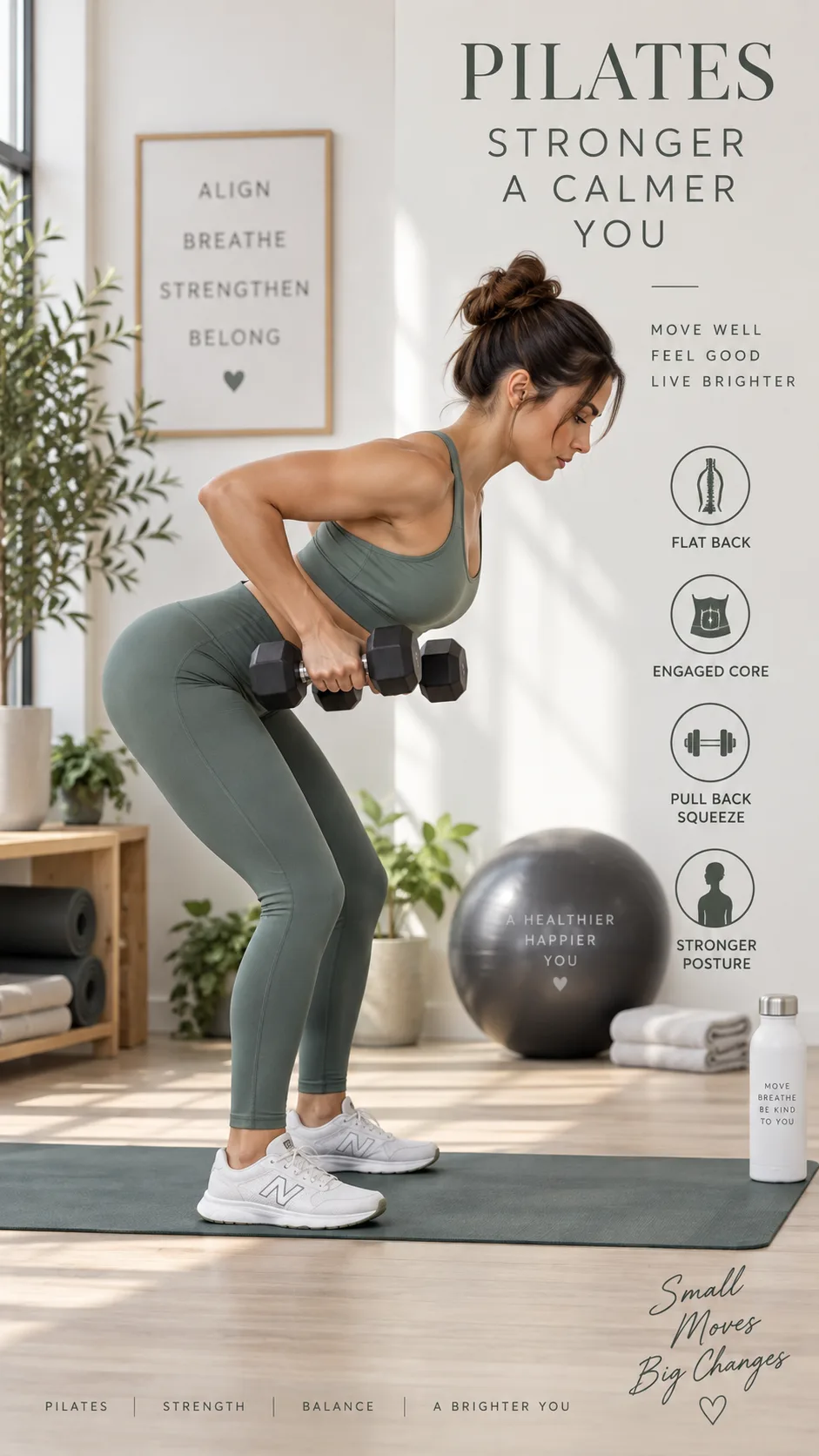 Side view of a woman performing a bent-over dumbbell row with perfect spinal alignment on a yoga mat in a bright studio, arms pulled back at the top of the movement, showing proper Pilates posture with a flat back and engaged core